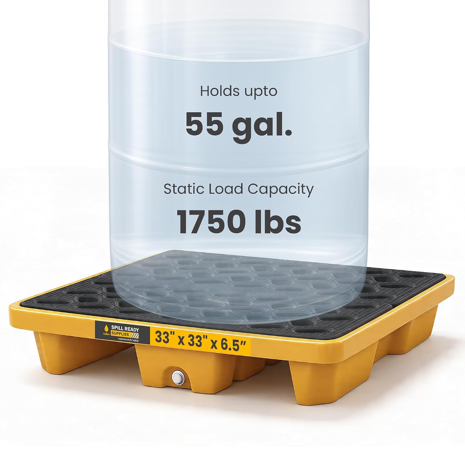 Single Drum Spill Containment Pallet with Forklift Pockets - 33" x 33" x 7" - 12 Gallon Sump, Low-Profile HDPE Spill Deck, Yellow 1 Secondary Containment Pallet with Drain - Spill Containment