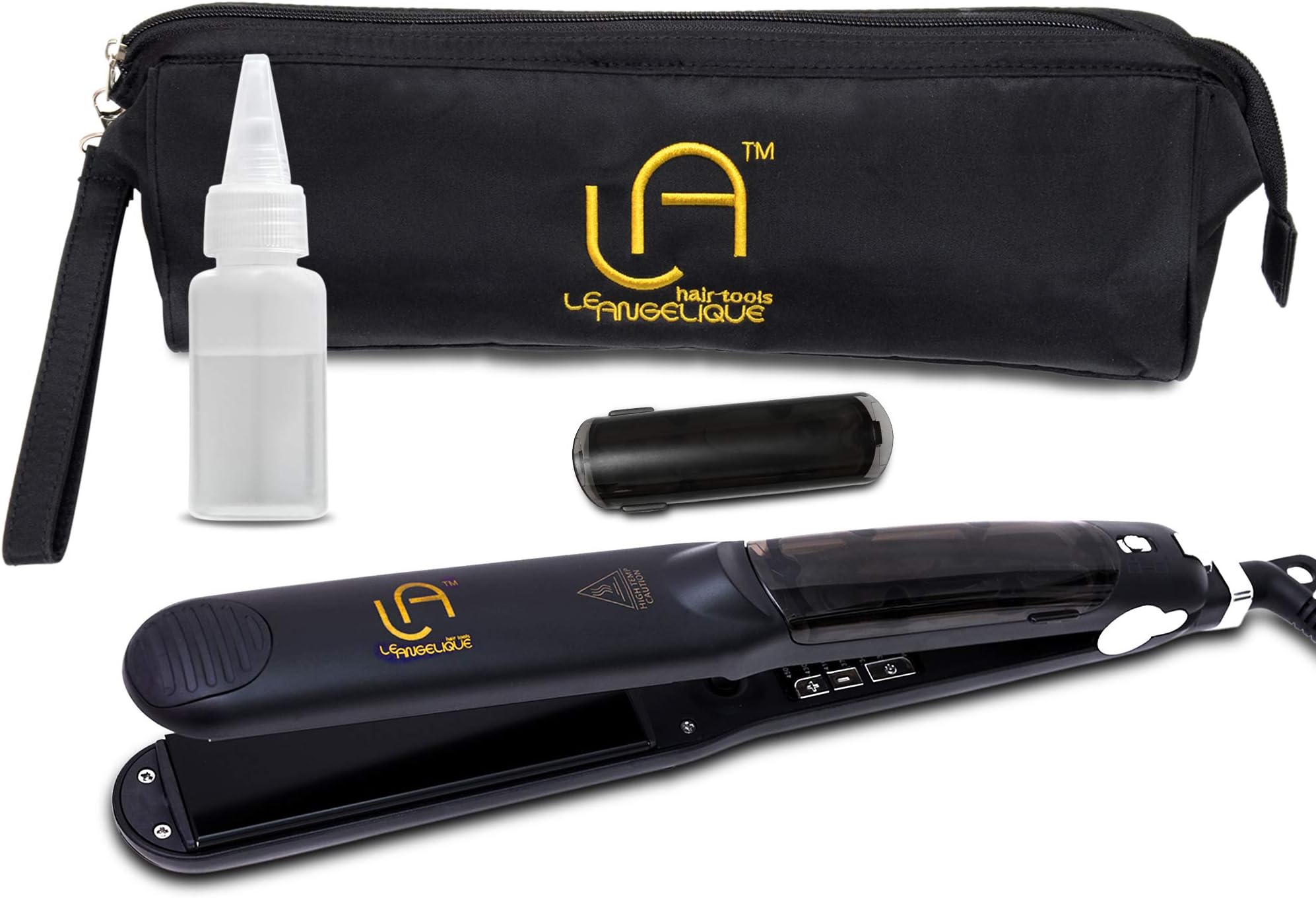 Le Angelique Professional Steam Hair Straightener - 2-in-1 Flat Iron Steamer - Silk Press Results - Works on Thick Coarse Hair | Home & Salon Use | Ceramic Tourmaline Plates - Steam and Temp Control