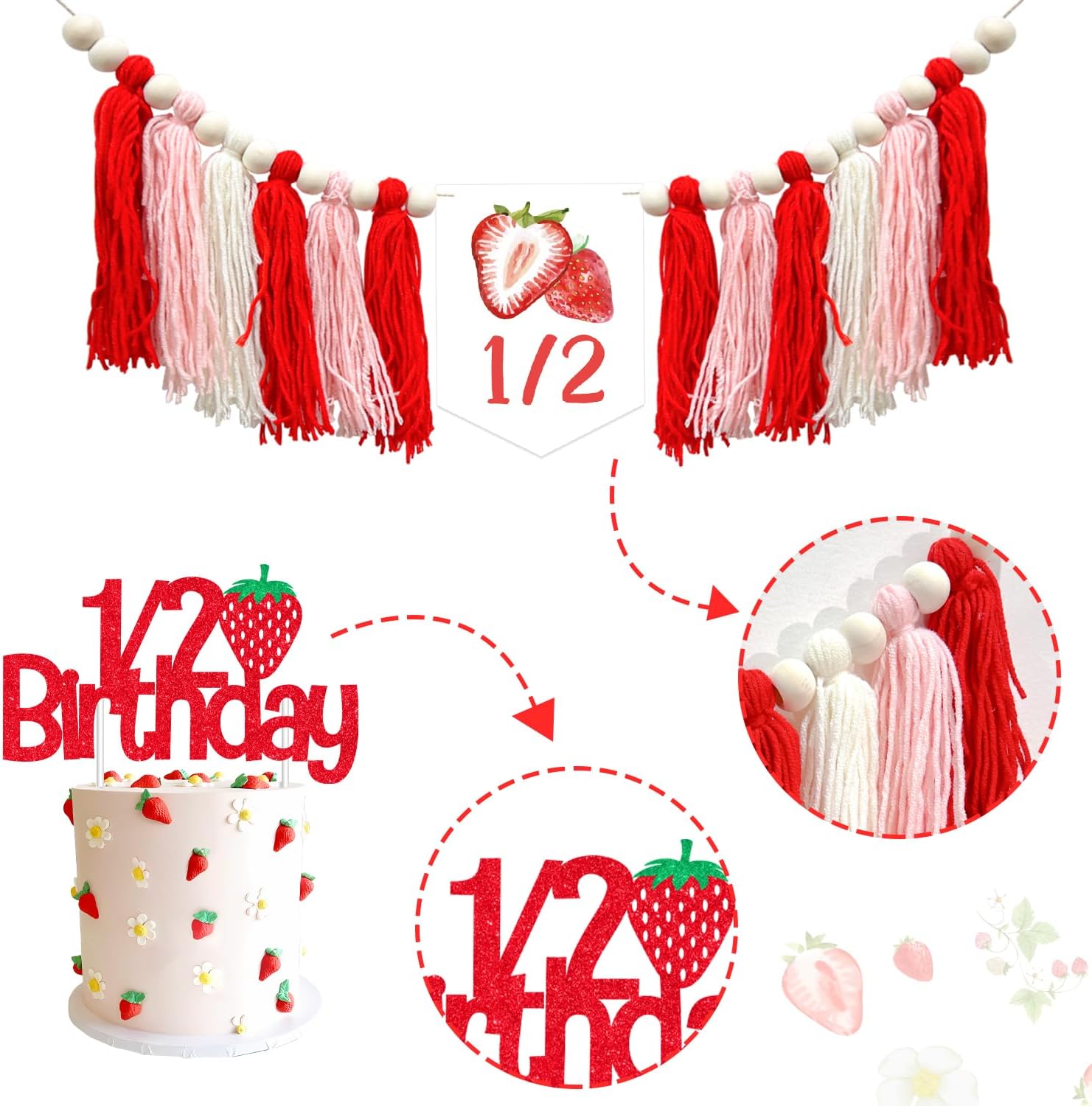 Strawberry Half Birthday Decorations Strawberry 1/2 Birthday Strawberry Hat Strawberry Half Birthday High Chair Banner It’s My 1/2 Birthday Cake Topper for Girls Berry Sweet Birthday Decor Supplies