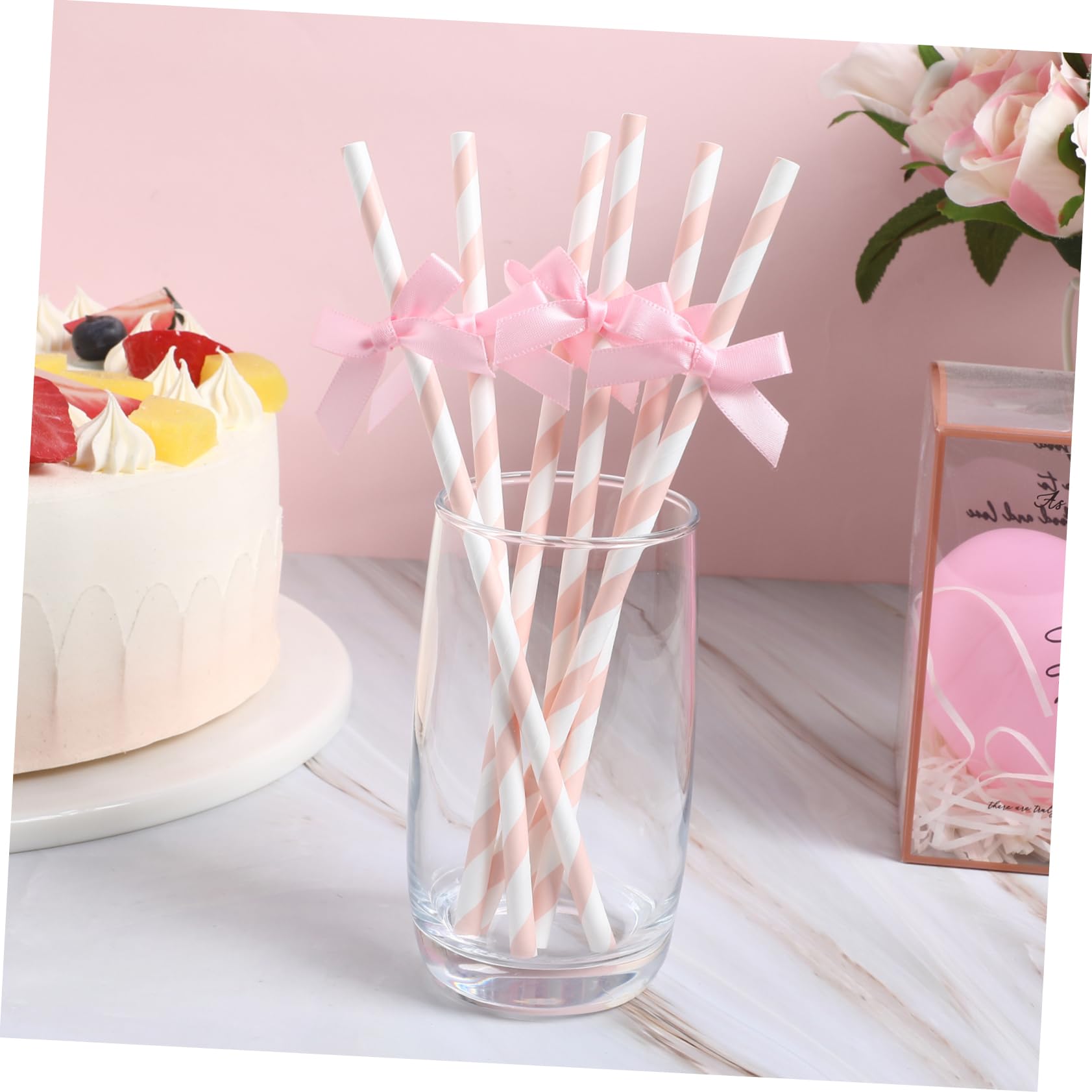 Gatuida 60 pièces Pailles Papier Roses avec Nœud Décoratif Décorations Anniversaire pour Fête Accessoires pour Gâteau et Célébrations