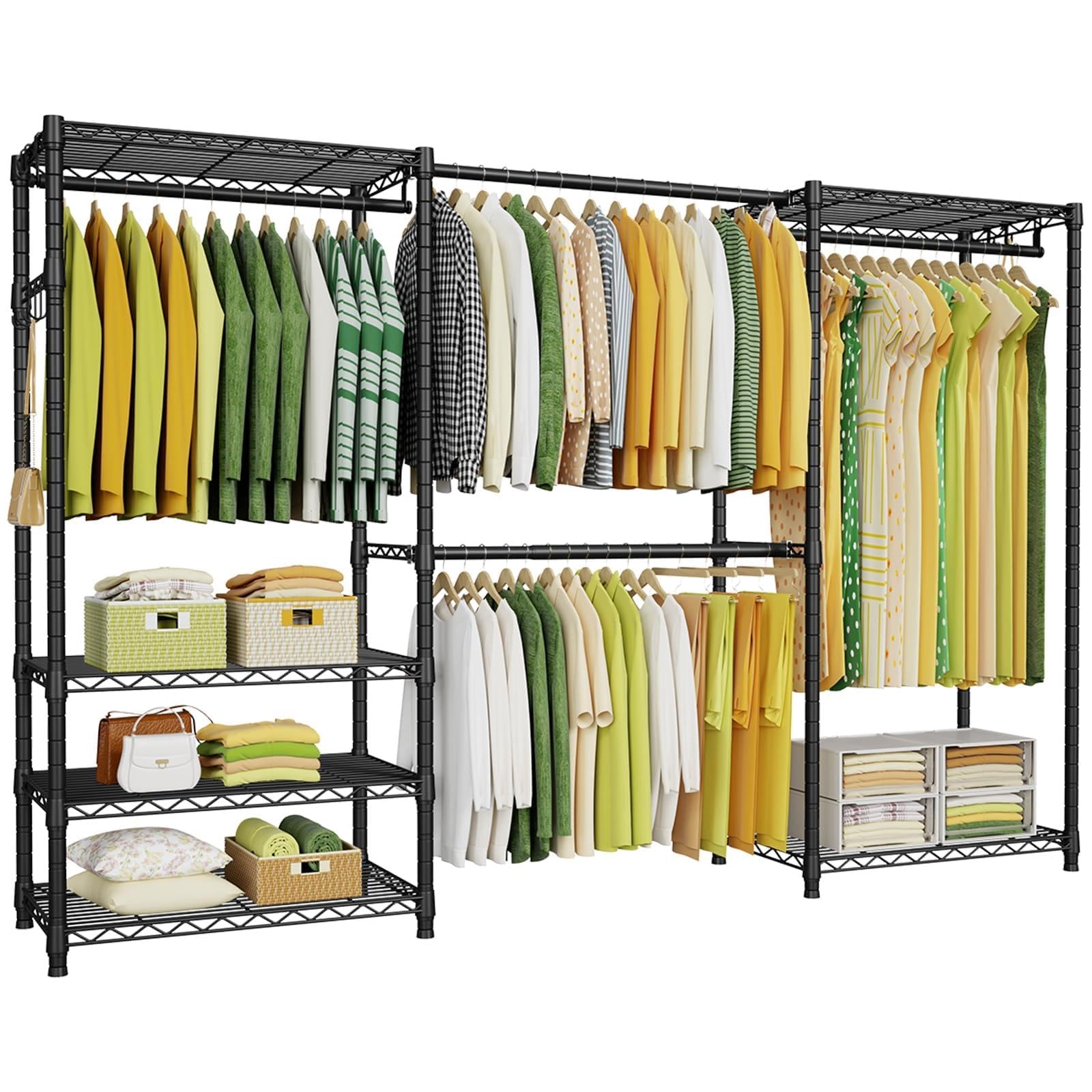 Ulif E1 Heavy Duty Closet Garment Rack, 6 Tiers Adjustable Metal Freestanding Expandable Clothing Storage with 4 Hanger Rods, Easy to Assemble Wardrobe, 71.4" H x (70" - 88.2") L x 14" D, Black