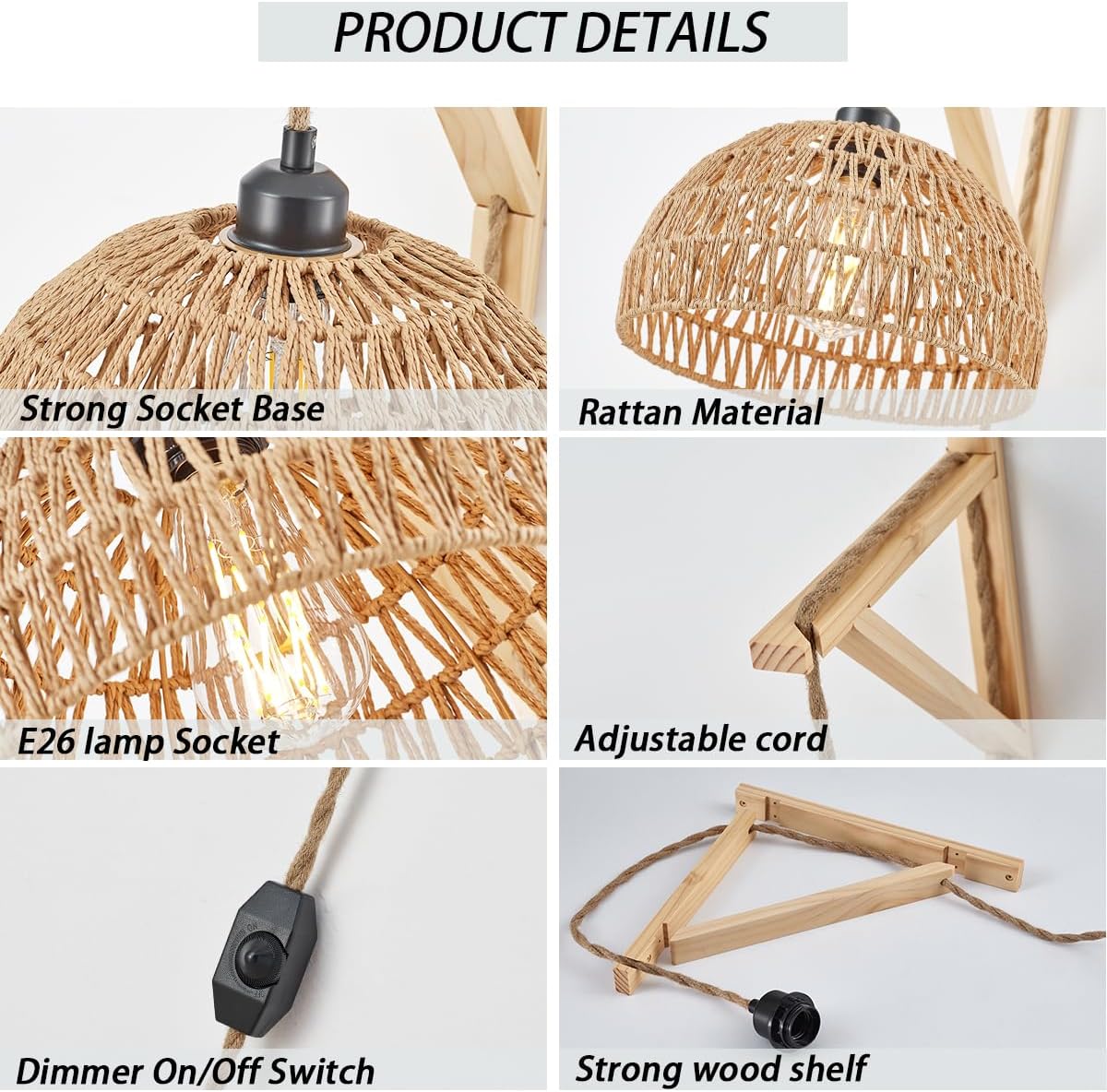 KAMTAT Boho Rattan Wall Sconce Plug in Hanging lamp Hand Woven Plug in Wall Sconces Rattan Rope Wall Light Farmhouse Wall Mounted Light Boho Wall Sconces Wall Lighting for Bedroom Living Room(1PK)