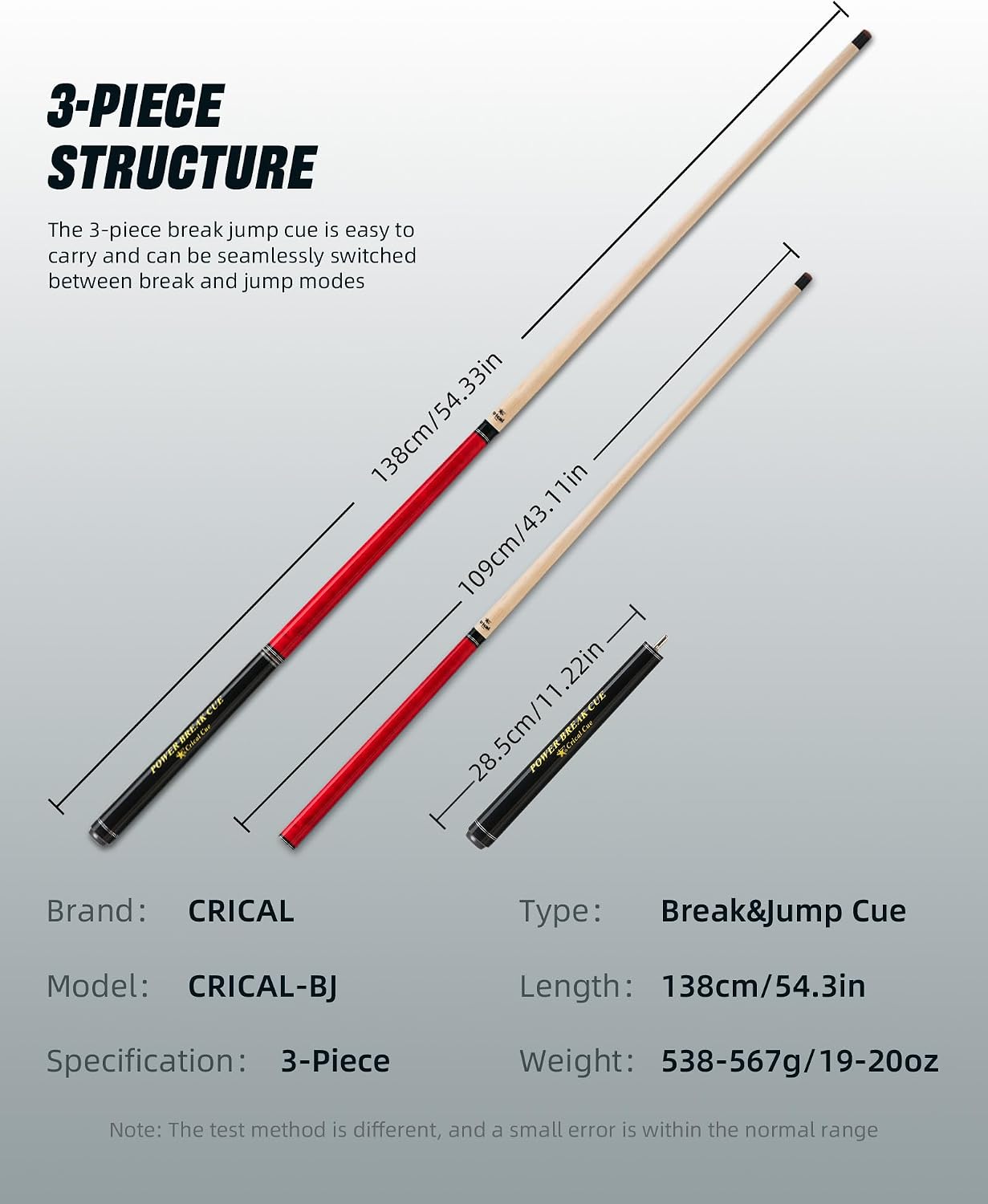 CRICAL Heavy Hitter Jump Break Cue 3-Pieces 54inch Short Maple Break Jump Cue with 13.5mm Tip Punch Cue Professional Jump Cue Billiard Pool Stick