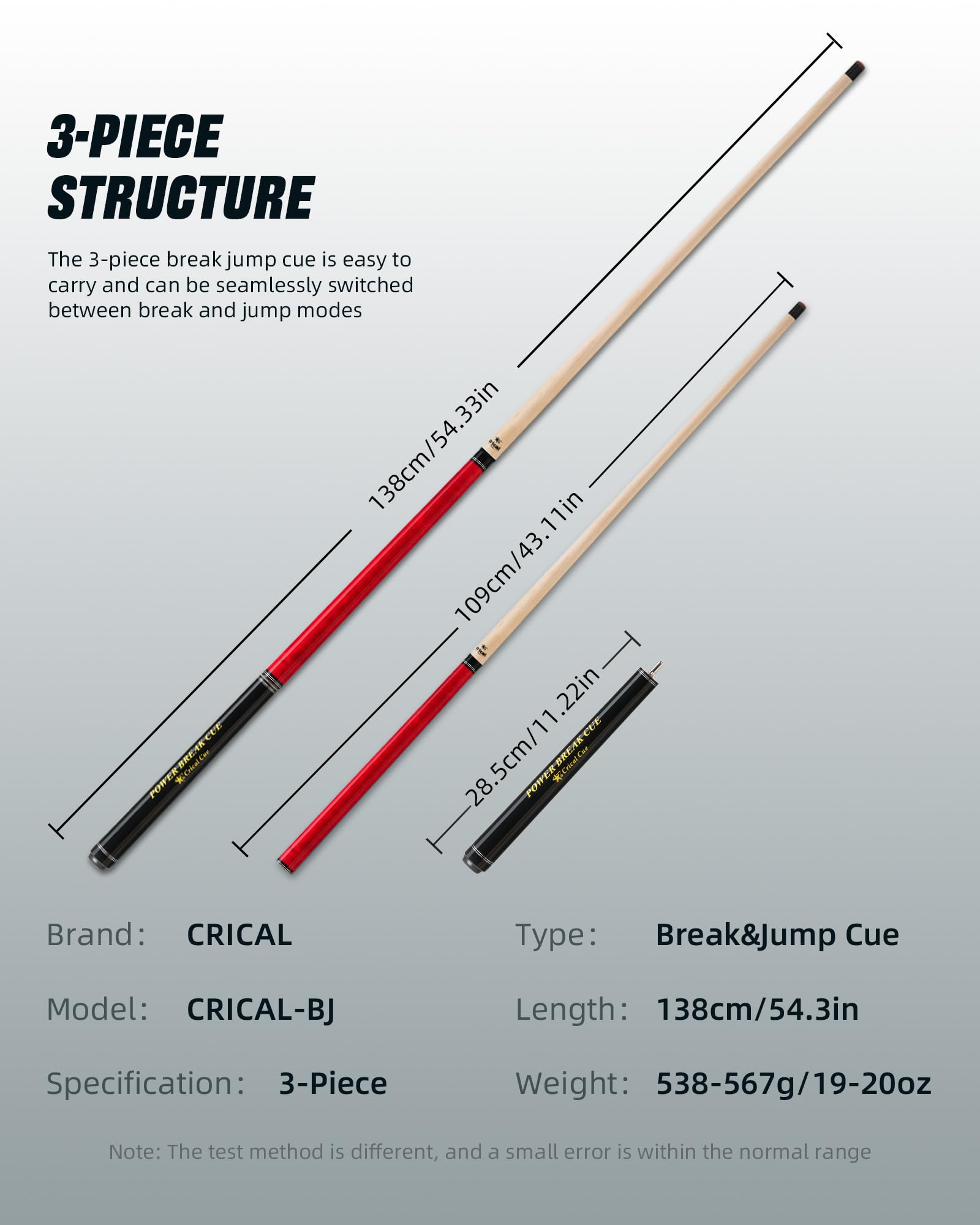 CRICAL Break Jump Pool Cue 3 Piece Jump/Break Cue Stick 13.5mm Tip