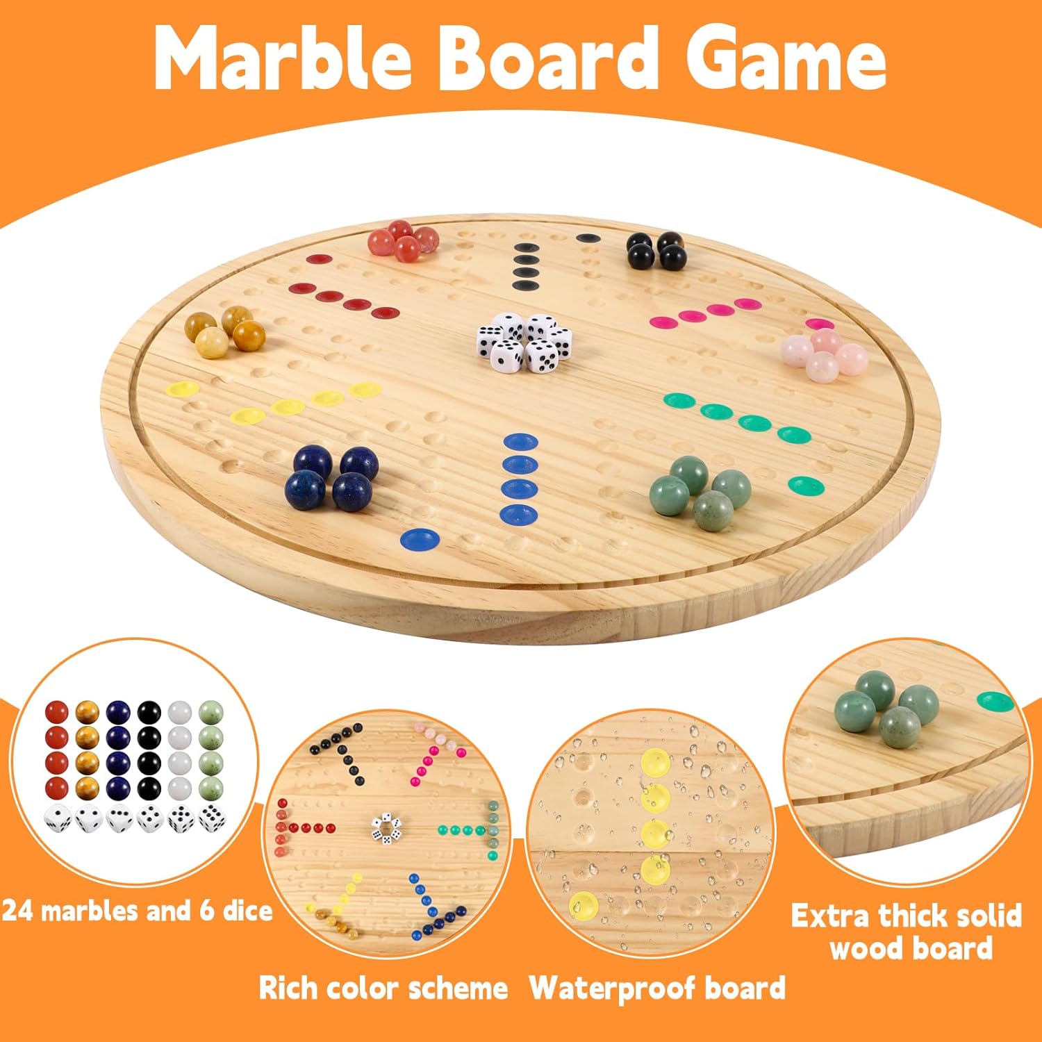 Double-Sided Wahoo Marble Board Game Set - Solid Wood 4-6 Player Family Game with 24 Natural Marble Pieces, 6 Dice & Waterproof Coating - Luxury Wooden Strategy Game