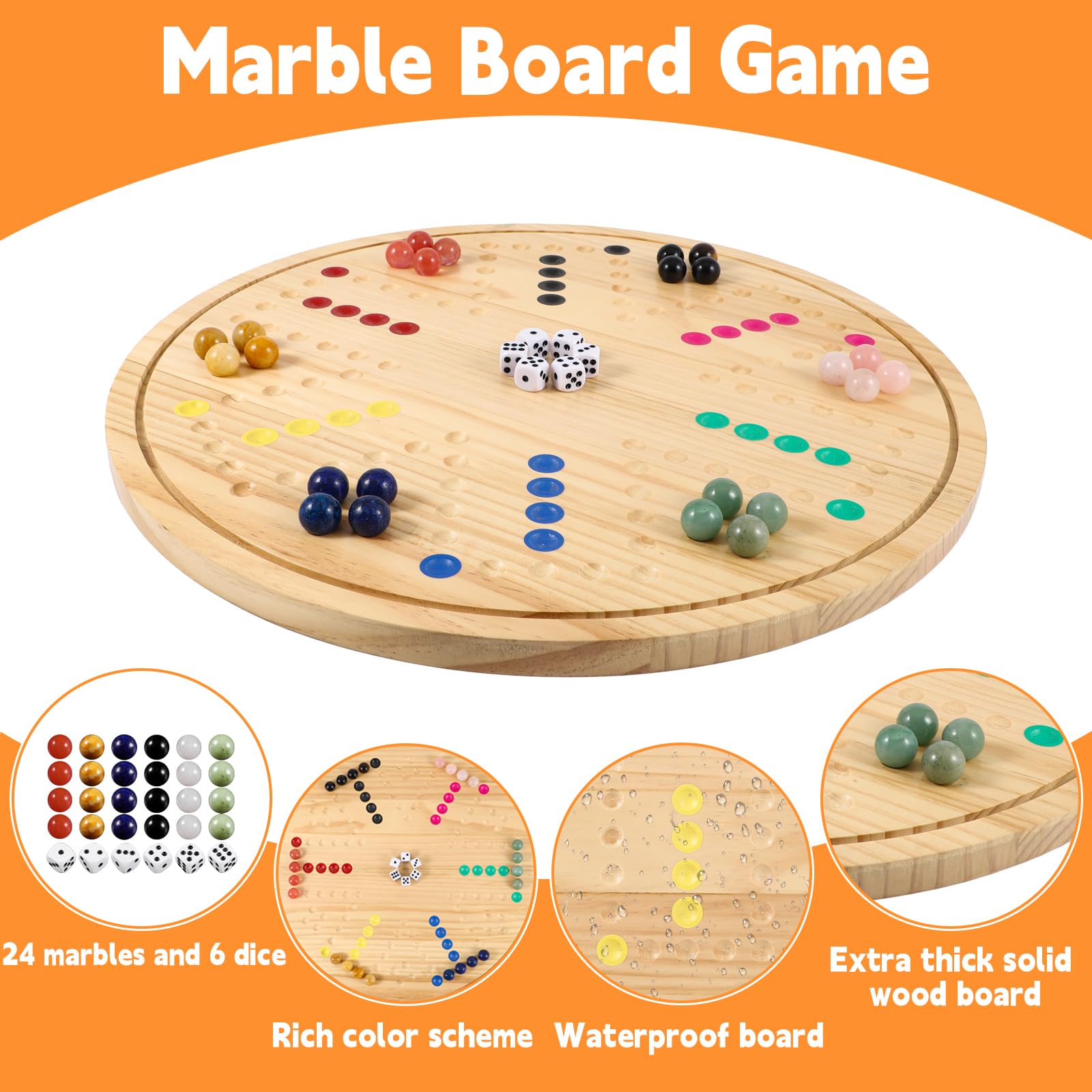 Juego de mesa de mármol Wahoo de doble cara, juego familiar de madera maciza para 4 a 6 jugadores con 24 piezas de mármol natural, 6 dados y revestimiento impermeable, juego de estrategia de madera de
