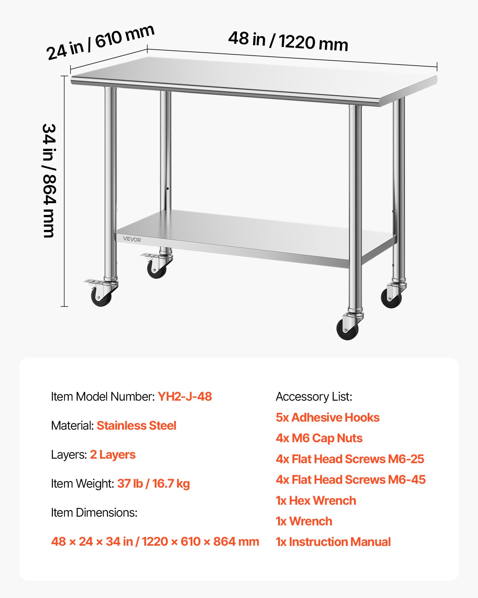 VEVOR Mesa de Preparación con Ruedas 122 x 61 x 86,4 cm, Mesa de Trabajo de Acero Inoxidable 2 Niveles, con Estante Inferior Ajustable, Bordes Redondeados, para Restaurantes, Hoteles, Cocinas