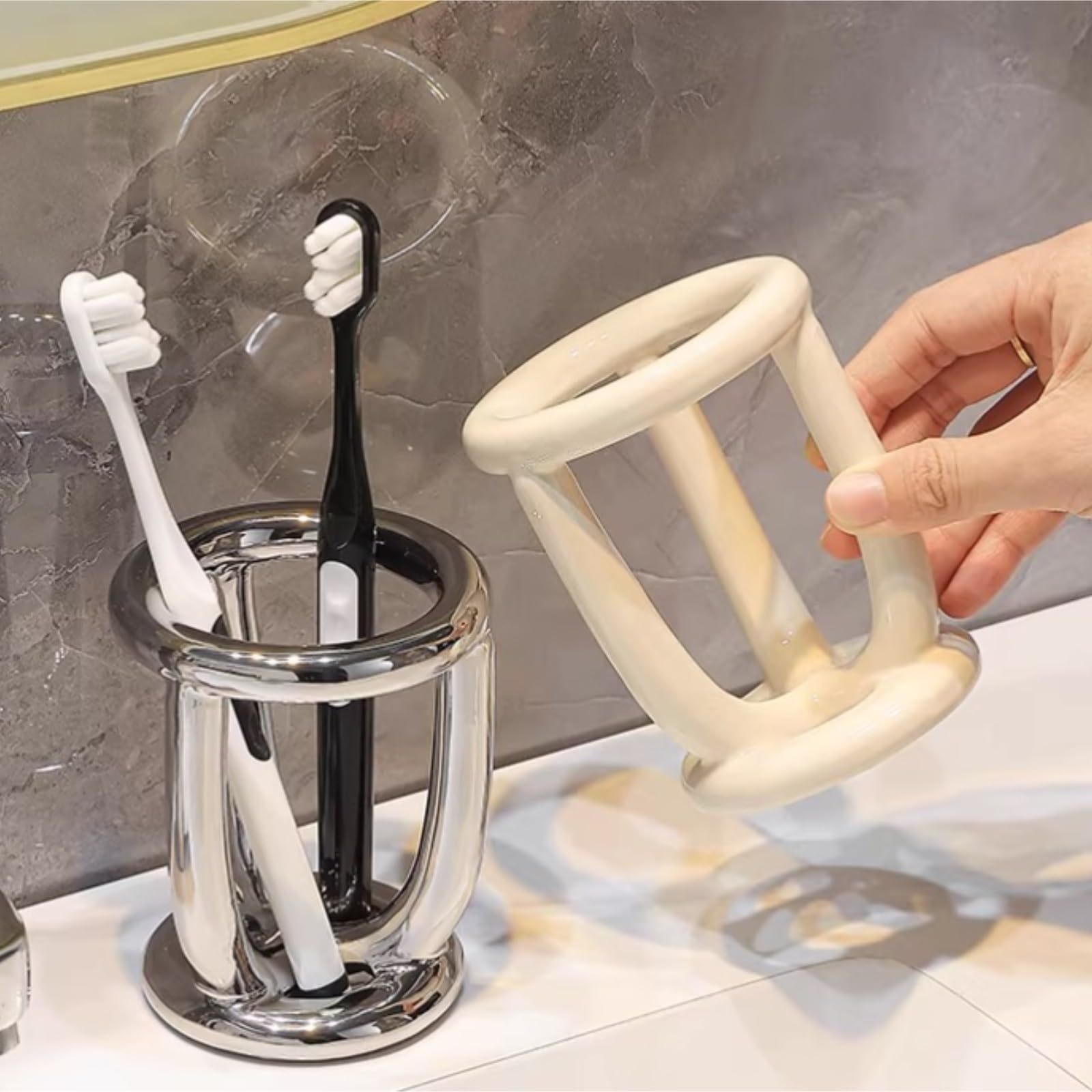 Porta Spazzolino Decorazione, Portaspazzolino In Ceramica For Organizer Da Bagno For Pennelli Trucco Multifunzione Moderno(White)