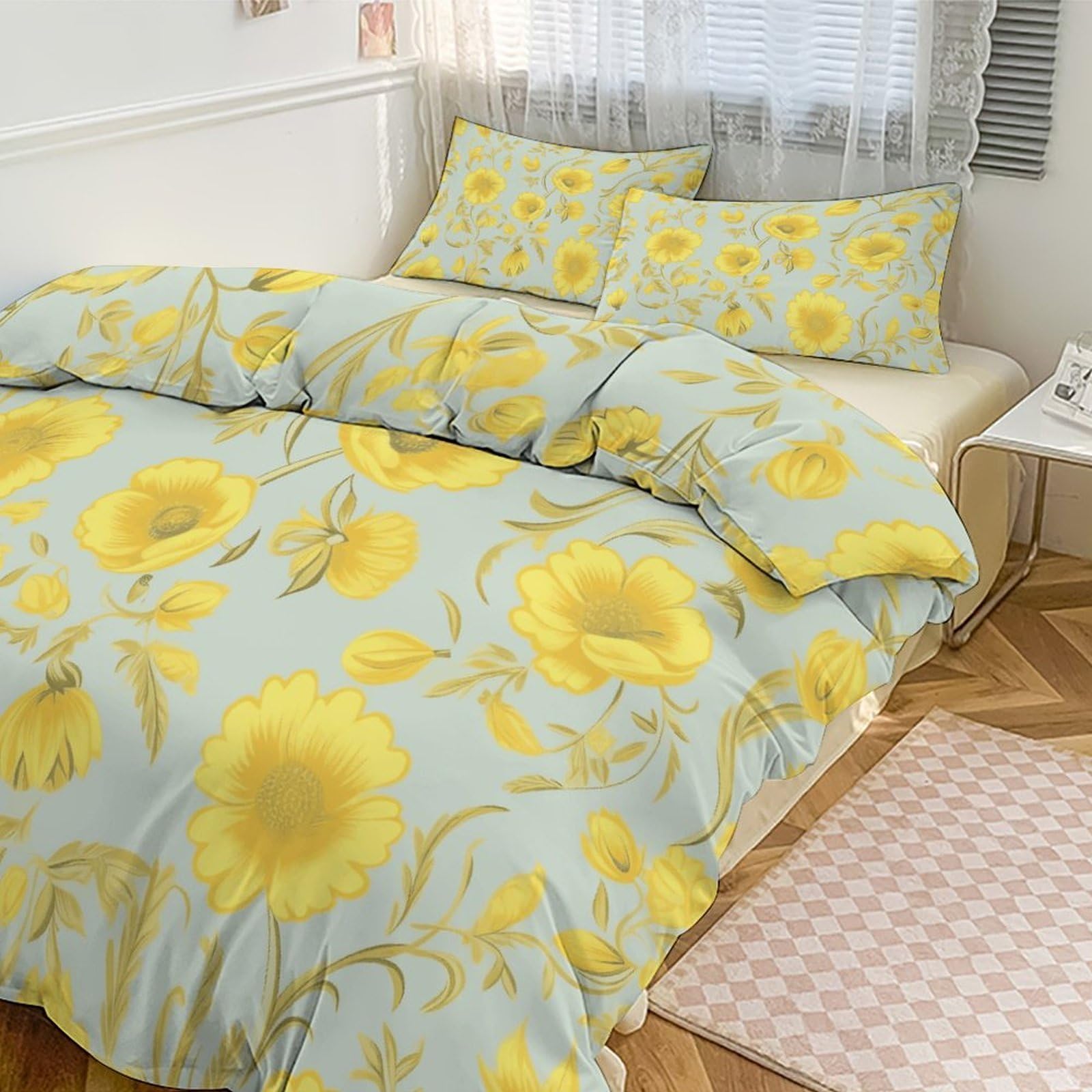 Parure de lit florale jaune 3 pièces avec housse de couette zippée et douce pour mieux dormir