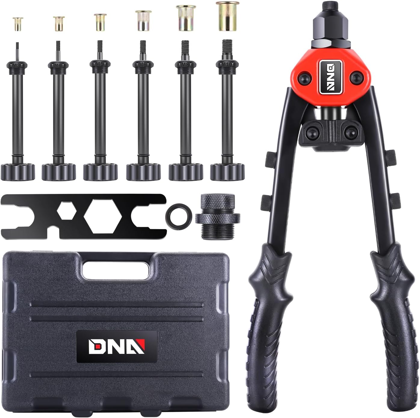 DNA MOTORING 2 in 1 12" Rivet Gun, Wrench, SAE Mandrels & Metric Rivet Nut Tool Set, 60pcs Rivet Nut Head, Rivet Gun Kit for Riveting Decoration Metal Plates, W/Case, TOOLS-00564