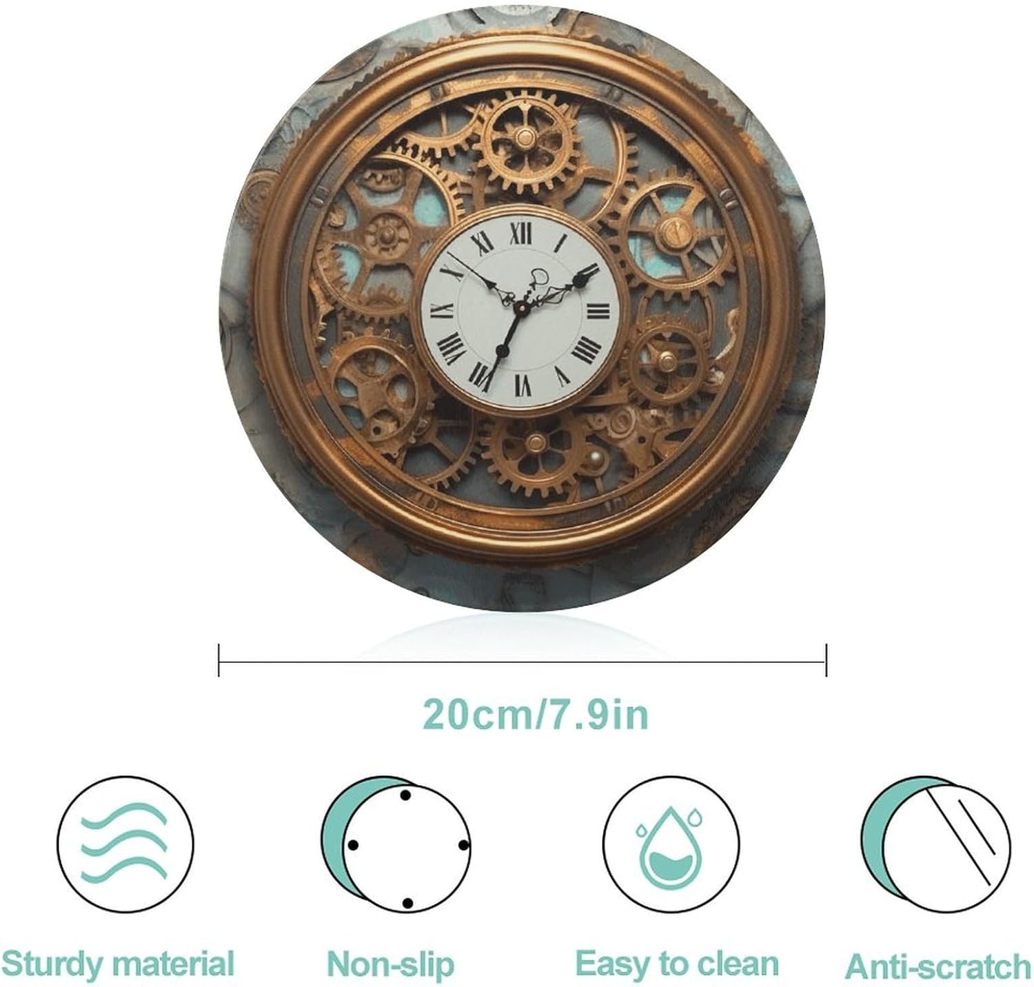 Rusty Steampunk Clock Tempered Glass Chopping Block | 7.9 Inch Round Non Slip Glass Cutting Board Kitchen Prep Tray for Household Daily Cooking Outdoor Picnic Use