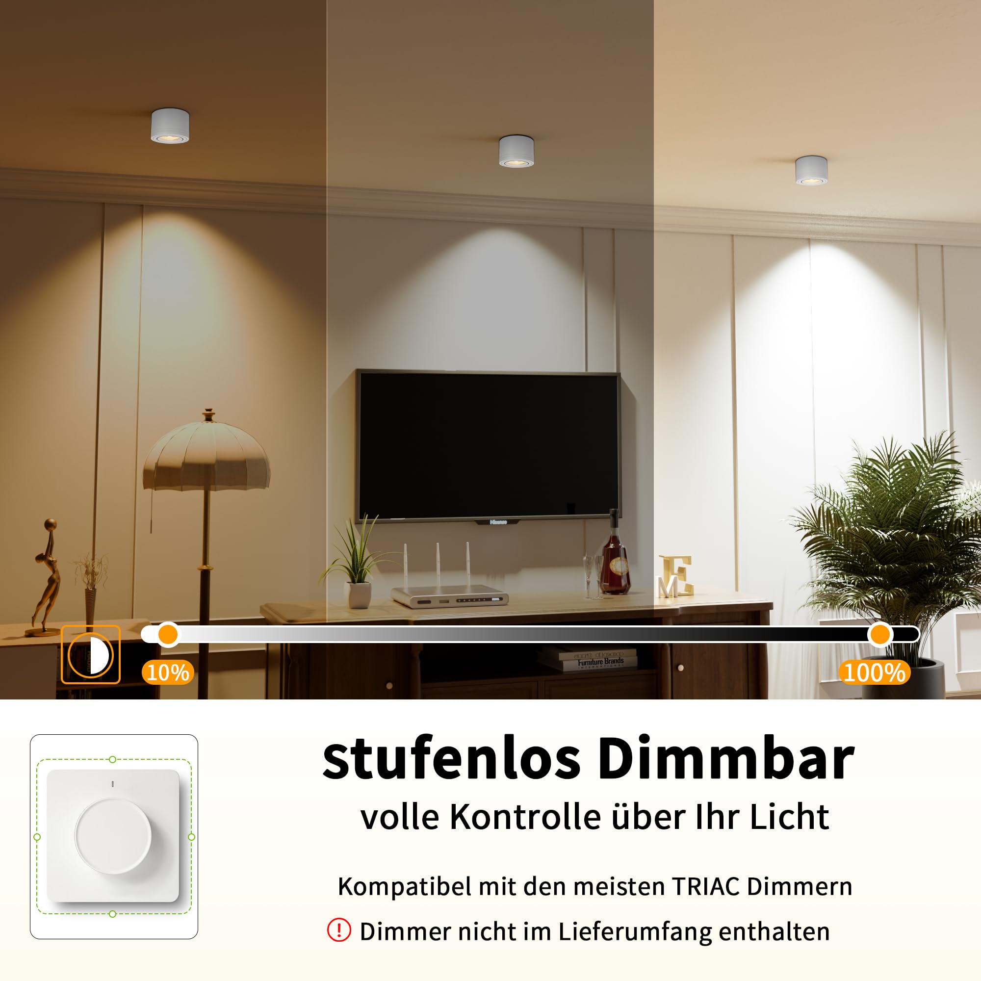 4x LED Aufbauspots Dimmbar 230V – 3 Farbtemperaturen 2700K/4000K/5700K – Extra Flach Ø80×50mm, 30° Schwenkbar, inkl. 5W LED Modul – Aufputz Deckenspots Weiß