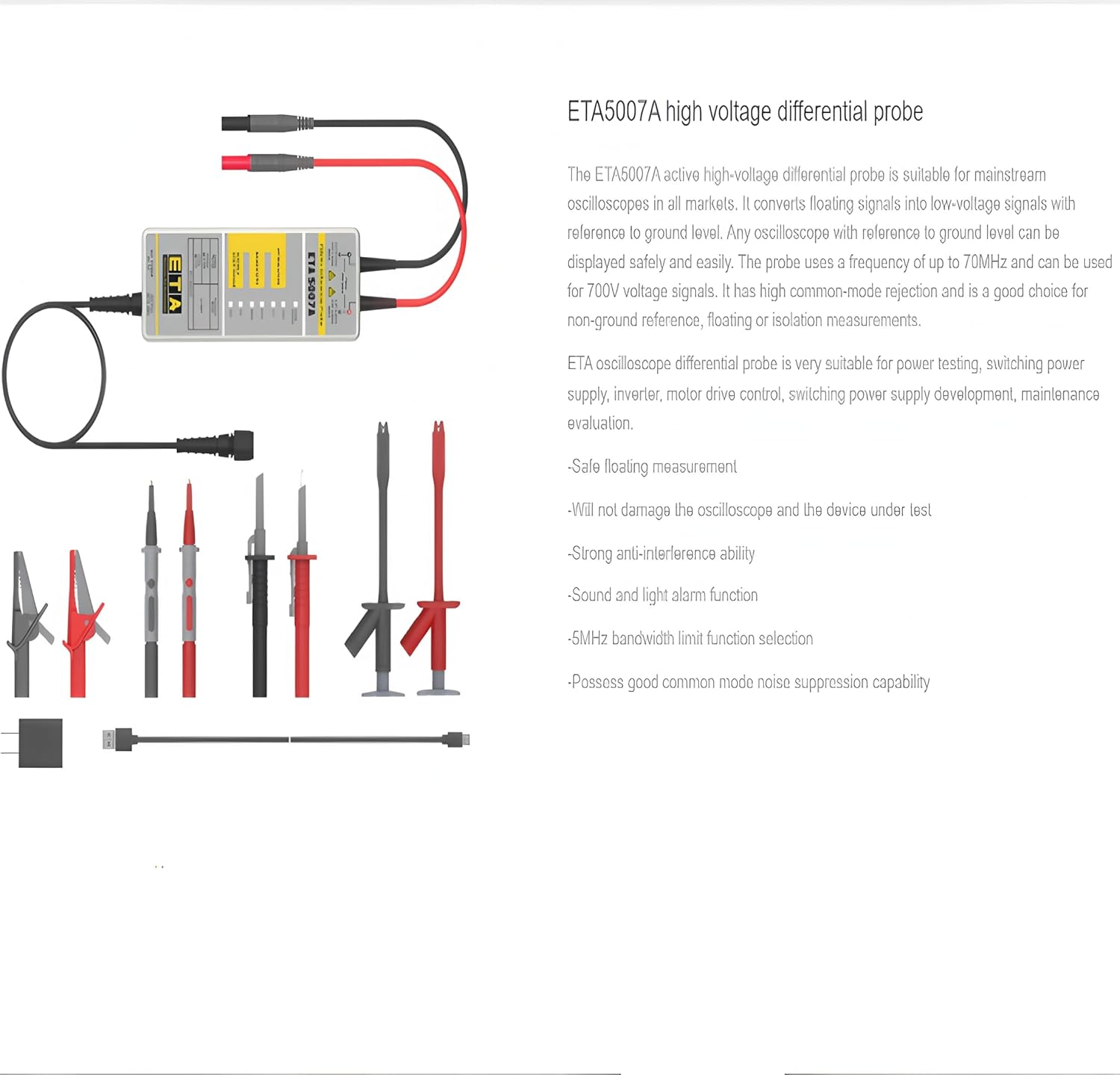 ETA Oscilloscope Differential Probe 70Mhz oscilloscope high Voltage Differential Probe Isolation Probe ETA5007A(70M+AC/DC 700V)