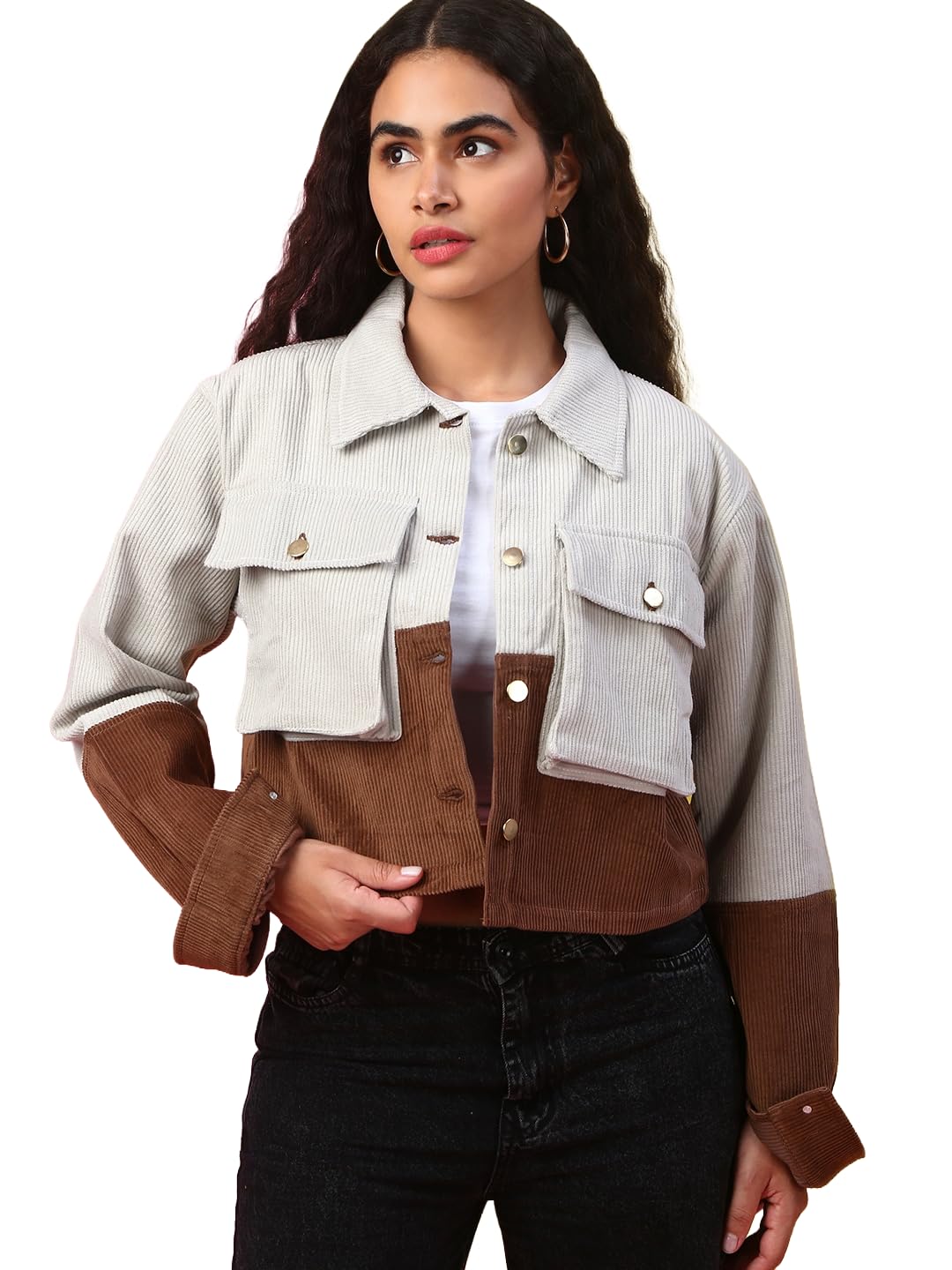 Two-Tone Corduroy Cropped Jacket, Ivory and Brown, Button Front, Collared Neckline, Casual Style-image-30