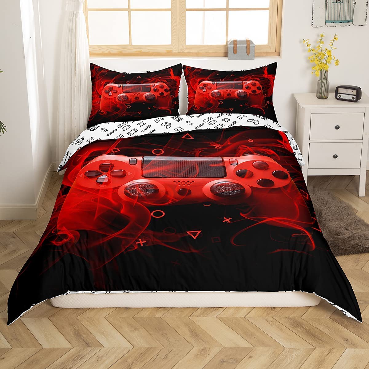 Homemissing Kids Gamer Duvet Cover Set Gamer For Boys Girls Video Game Controller Bedding Set Gaming Console Bedding & Linen Red Black Zipper King Size