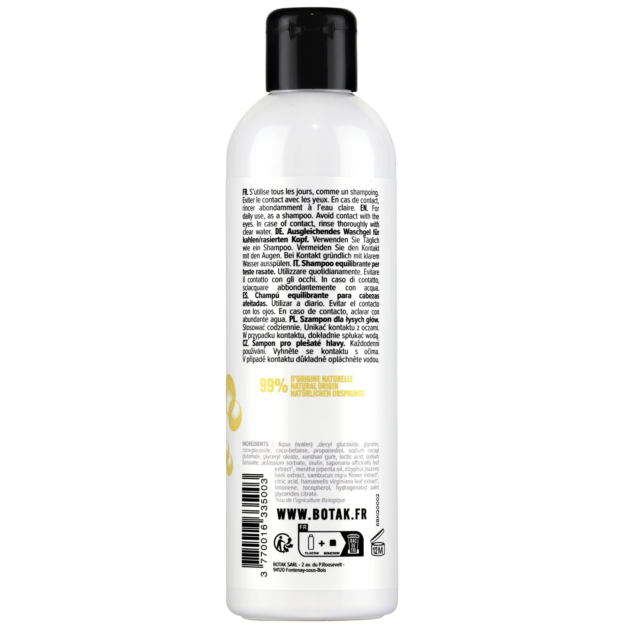 BOTAK Limpiador equilibrador para cráneos afeitados/esquilados | 99% de origen natural, vegano, francés | calmante | anticaspa, picor y espinillas | regula el pH y la