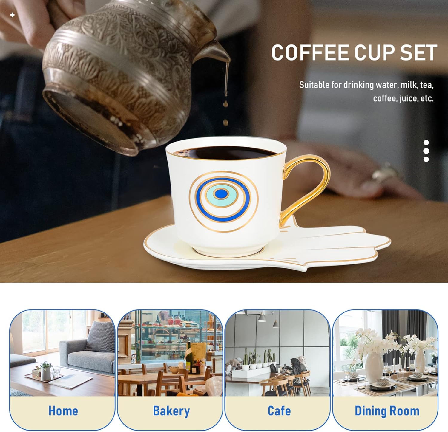 Angoily Tea Cup Set Latte Mugs Evil Eye Coffee Cups Set Ceramic Coffee Mug with Hamsa Hand Saucer for Cappuccino Drinks Latte Cafe