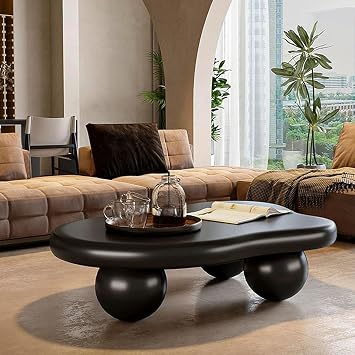 Unique Irregular Black Cloud Coffee Table 46" with 3 Ball Legs, Modern Funky Minimalist Abstract Wavy Small Center Table Cute Cartoon Low Tea Table for Living Room