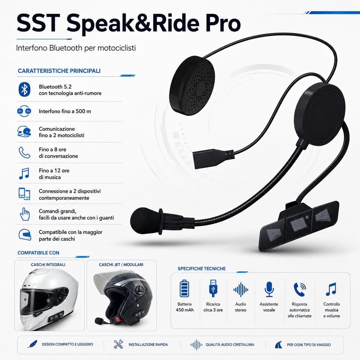 SST Speak&Ride Pro Interfono Bluetooth per Casco Moto - Comunicazione Fino a 500m, Audio Stereo di Alta Qualità, Connessione Fino a 2 Dispositivi, Batteria Lunga Durata, Impermeabile