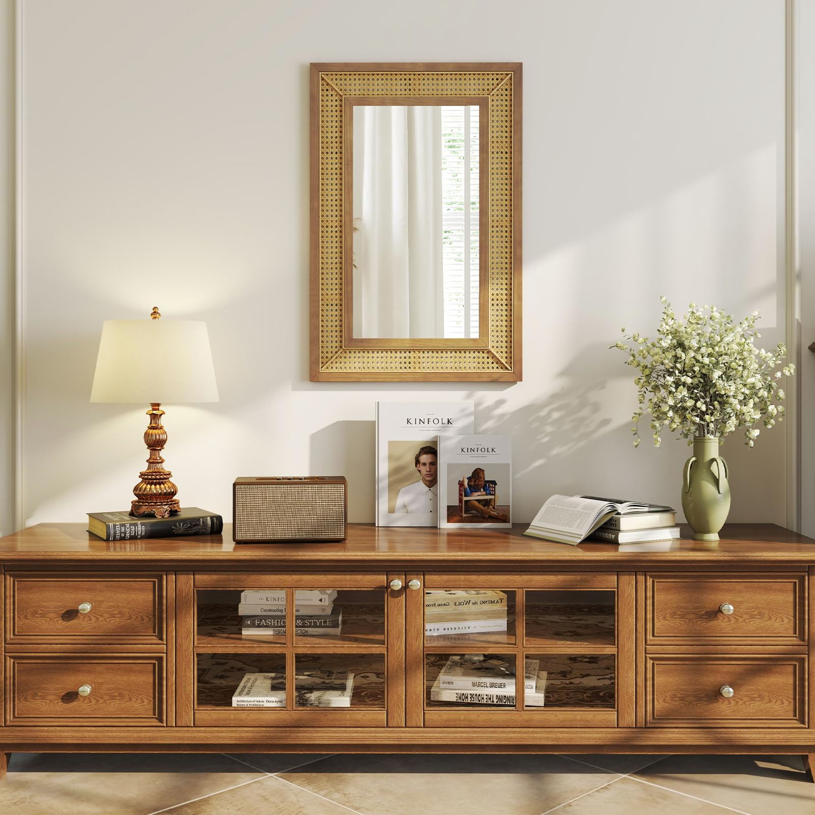 COSTWAY Miroir Mural en Rotin, Miroir Rectangulaire 90 x 60 cm, Cadre en Bois, Verre en Aluminium, Crochets et Vis d'Expansion, Miroir Decoration Murale pour Salon Chambre Entrée, Vertical/Horizontal
