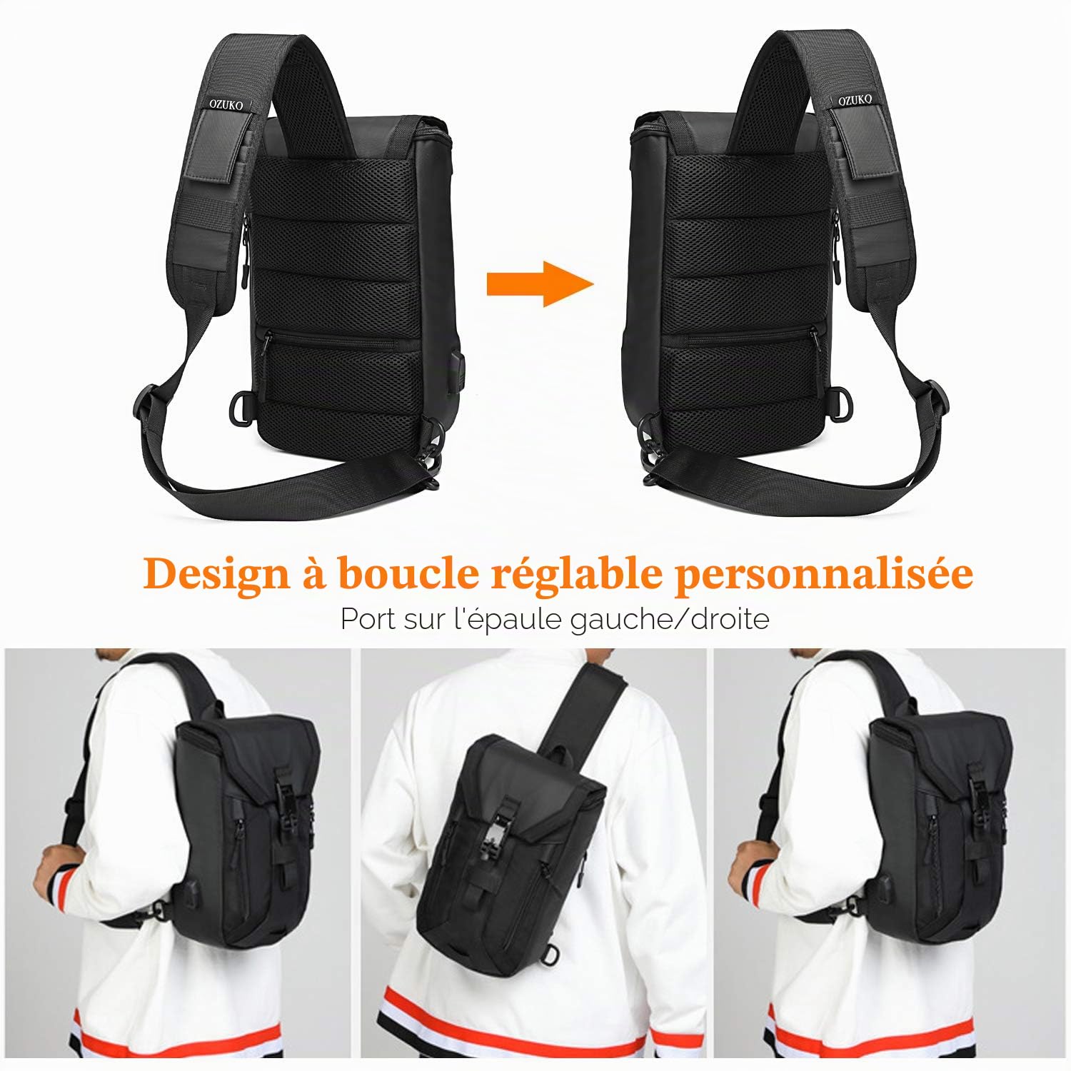 FANDARE Antivol Sac de Poitrine Sling Avec USB - Sacoche Grande Capacité d'Epaule Pour Homme, Garçon - Bandoulière Pour École, Voyage, Randonnée, Cyclisme, Jogging - Durable Polyester
