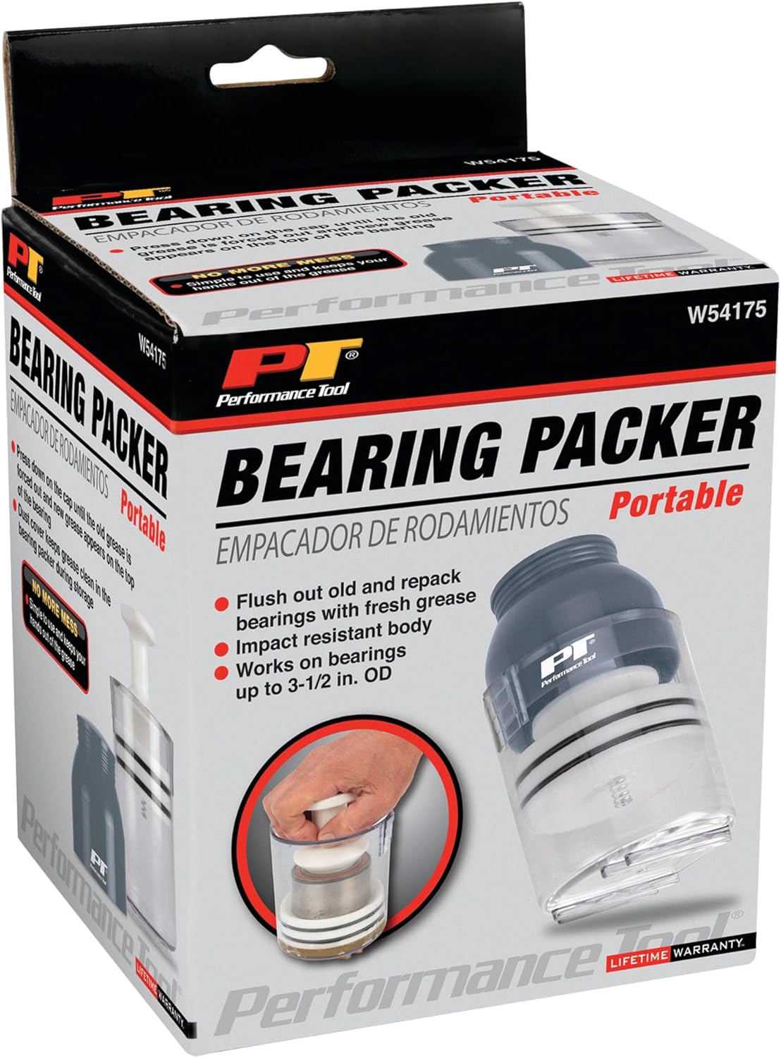 Performance Tool W54175 Portable Bearing Packer for up to 3.5-Inch OD Bearings - Mess-Free, Simple and Impact Resistant with Dust Cover Storage