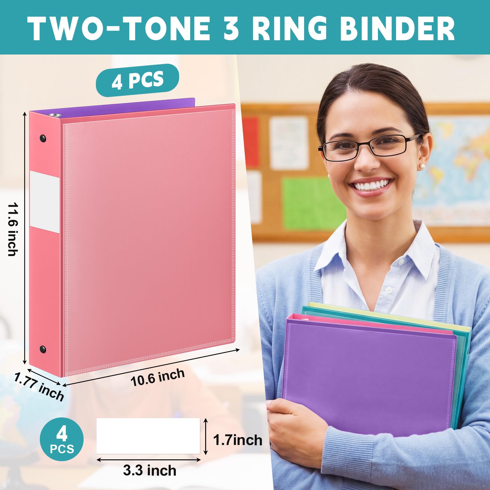 Henoyso Lot de 4 classeurs bicolores à 3 anneaux, ronds de 3,8 cm avec quatre poches intérieures, classeurs très résistants pour l'école et le bureau, rose, bleu sarcelle, violet et citron vert (poche
