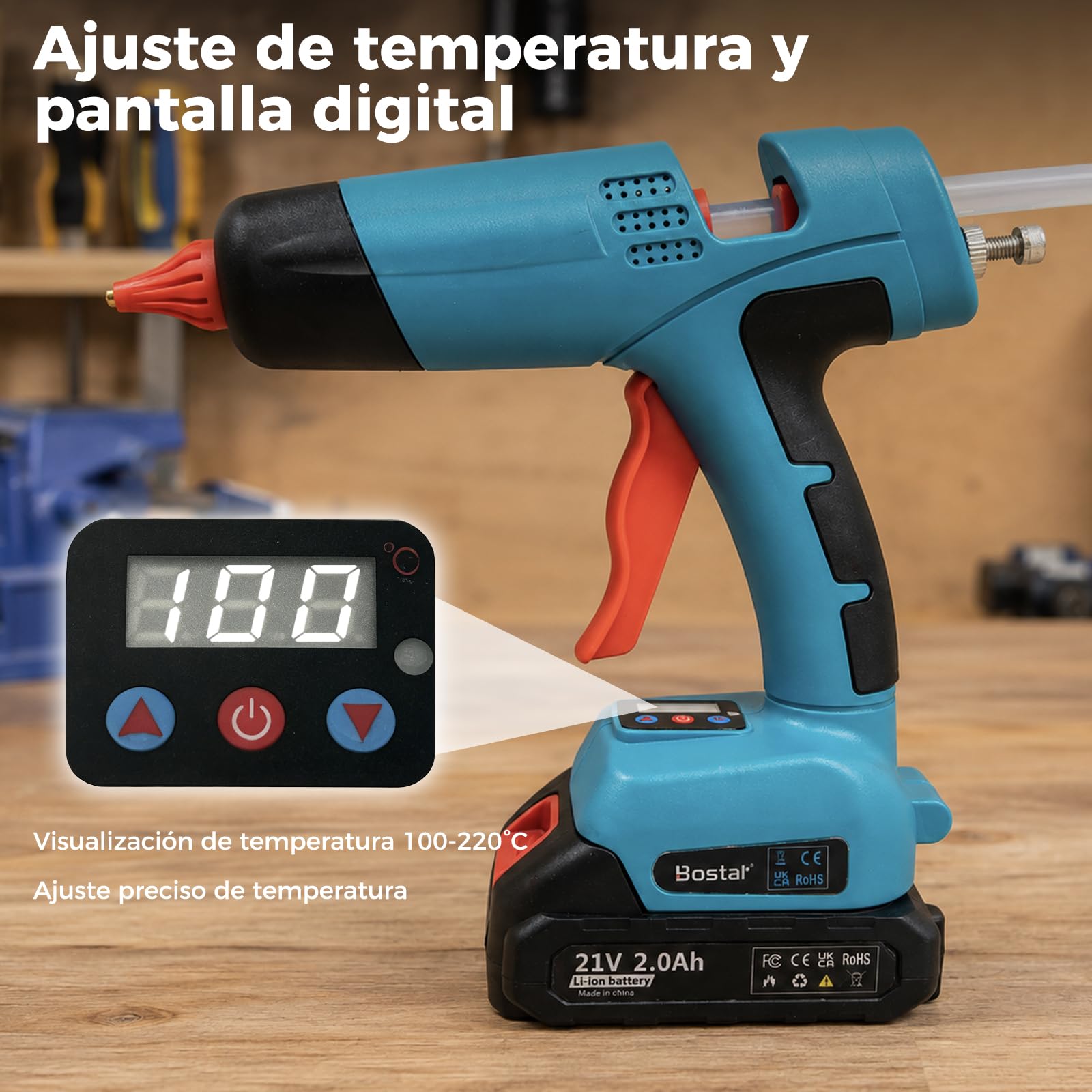 Bostar Pistola de Silicona Digital 100-220°C para Makita 18V, Kit con 2 Baterías 2.0Ah y 35 Barras 11mm, Flujo Regulable y Memoria, Pistola Termofusible Inalámbrica para DIY y Reparación Profesional