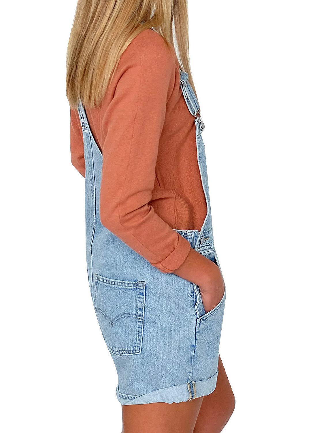 Roskiky Salopette en jean pour femme avec sangles à boucle et poches à ourlet
