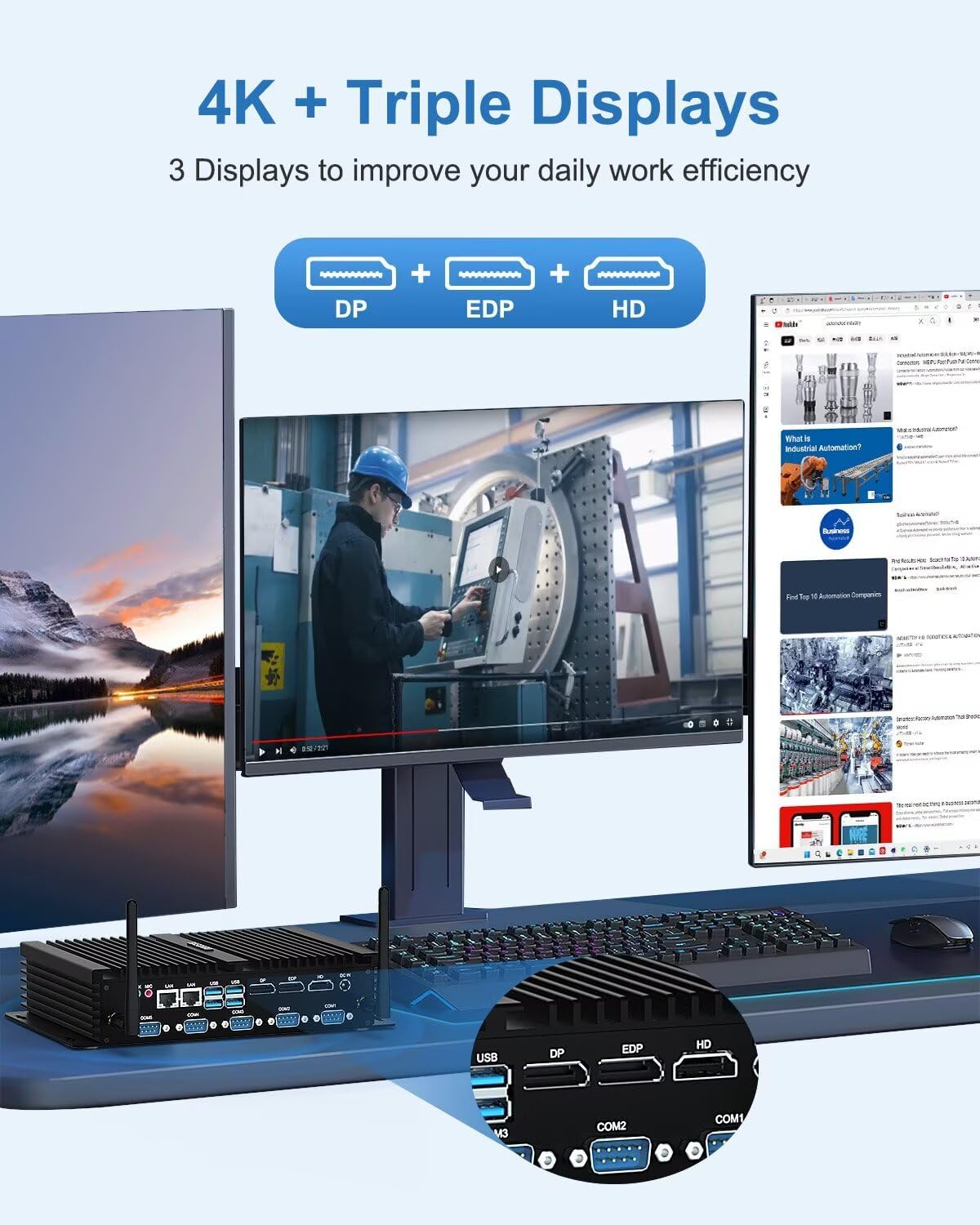 BASOARO Mini Industrial Computer Fanless PC Win 11 Pro Core i5 8250U, 16GB RAM 256GB SSD, Dual RJ45 LAN, DP EDP HD 4K Triple Display, 6 RS232, WiFi, BT