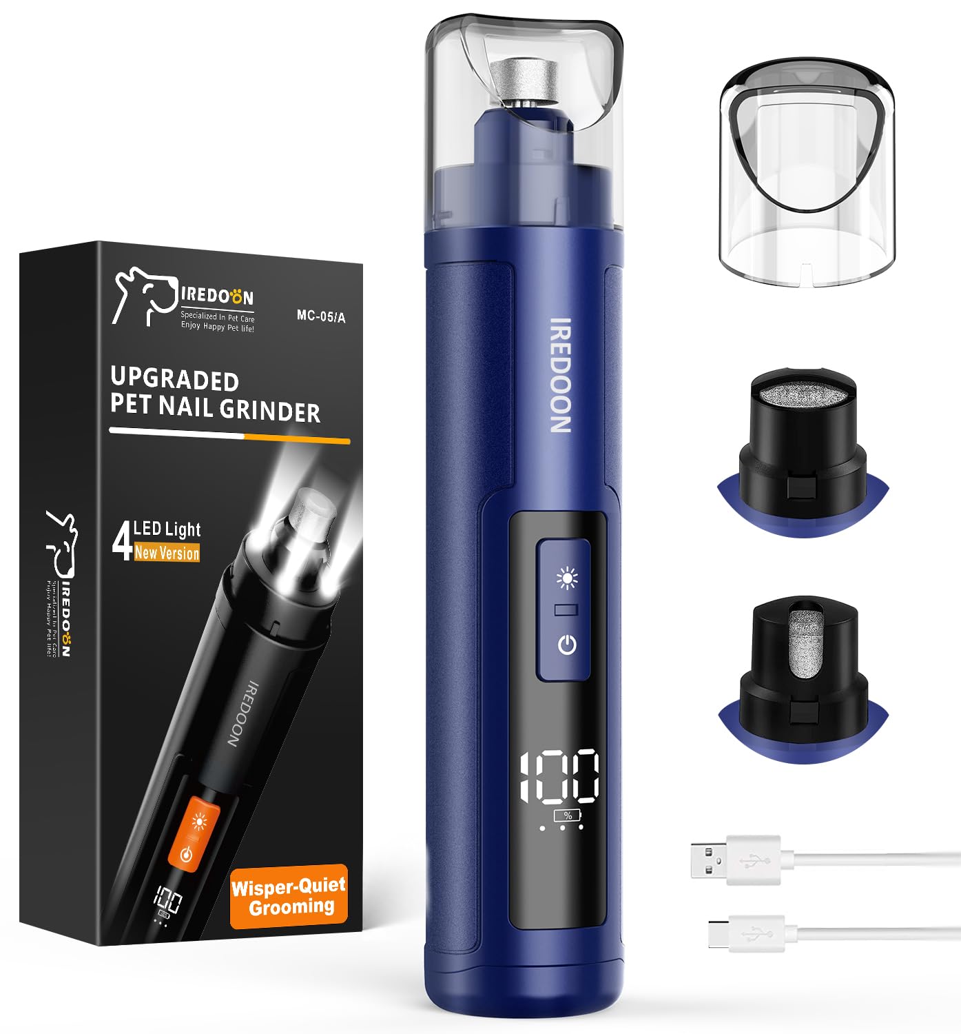 IREDOON Smerigliatrice per Unghie per Cani, 3 Marce con 4 luci a LED（Blu） | Super Silenziosa, Lima Elettrica Professionale, Con Contenitore Per Unghie, Adatto A Cani E Gatti Di Taglia Grande E Media