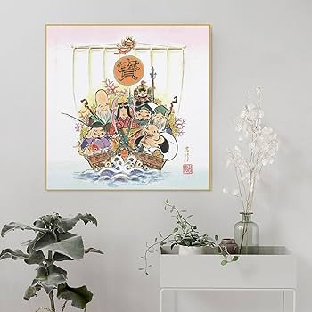 七福神 アートパネル 金色フレーム 水晶パネル アートパネル 60×80cm 開運画 金フレーム付き