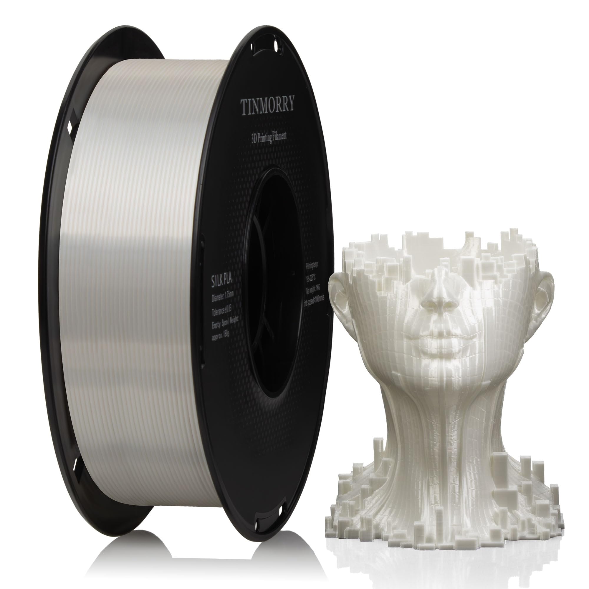 PLA Filament 1.75mm, TINMORRY 3D Printer Filament, 1kg (2.2lbs), Compatible with Bambu FDM 3D Printer, Silk White