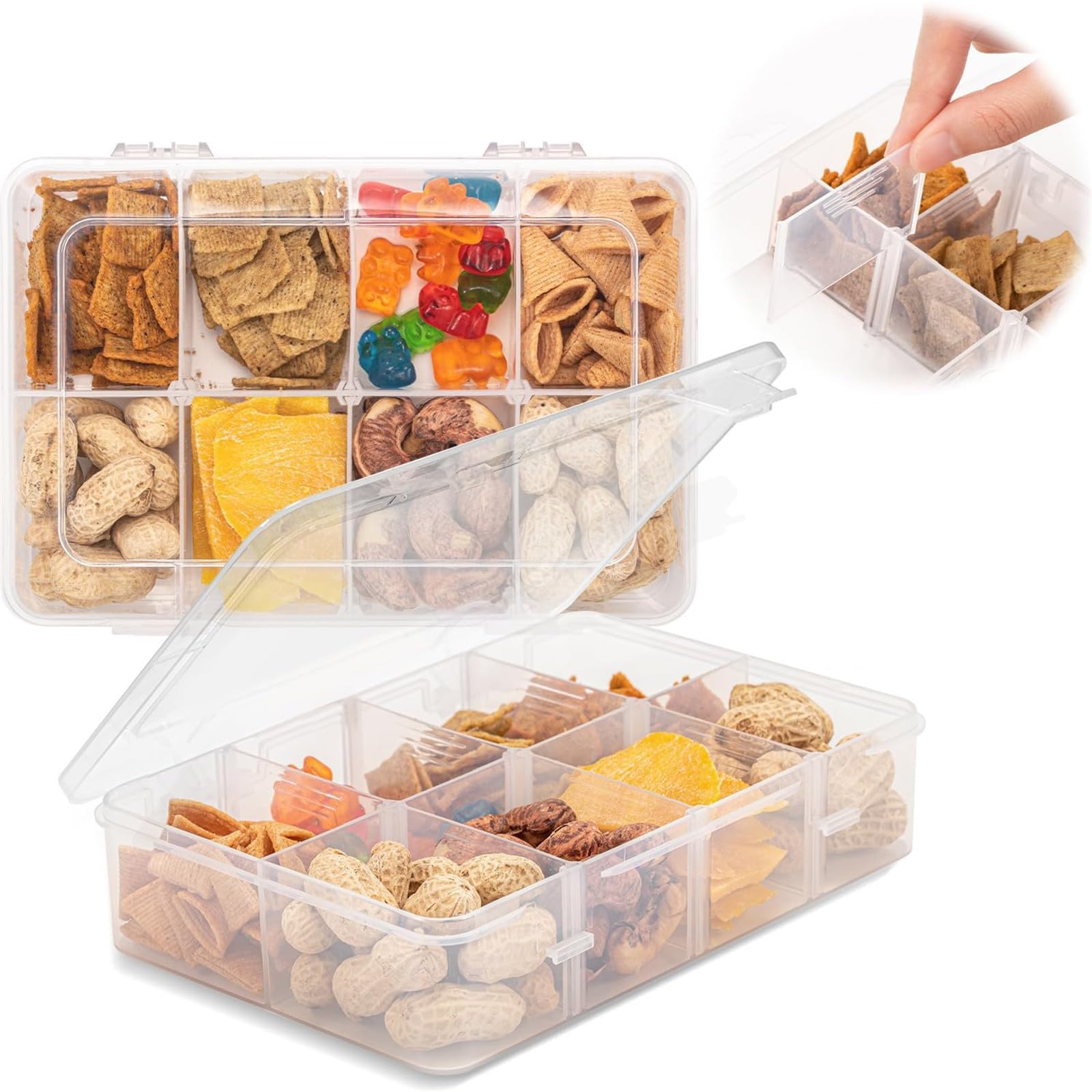 2 PCS Snack Box with Removable Compartments Reusable Snack Trays with Lid Portable Food Storage Container Parties Appetizer Clear Stackable Organizer for Veggie Candy Fruit Nut Beads Pills Bolts