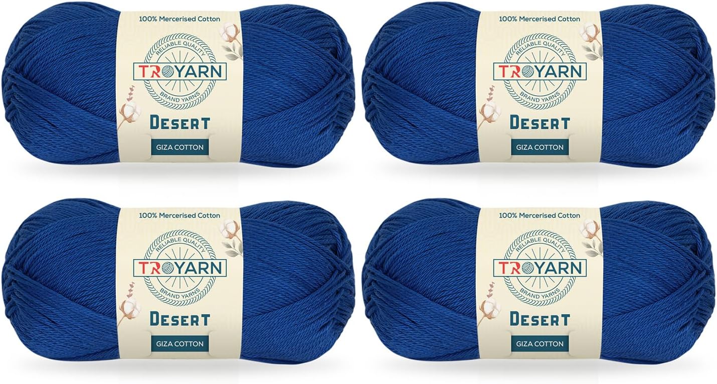 Troyarn Desert Giza Cotton (4- Skeins Pack) 100% Mercerized Giza Cotton Yarn Super Fino Worsted Weight #1 Soft Knitting and Crochet Yarn (4 x 1.76 oz) / (4 x 137 Yds) (11078 - Navy Blue)