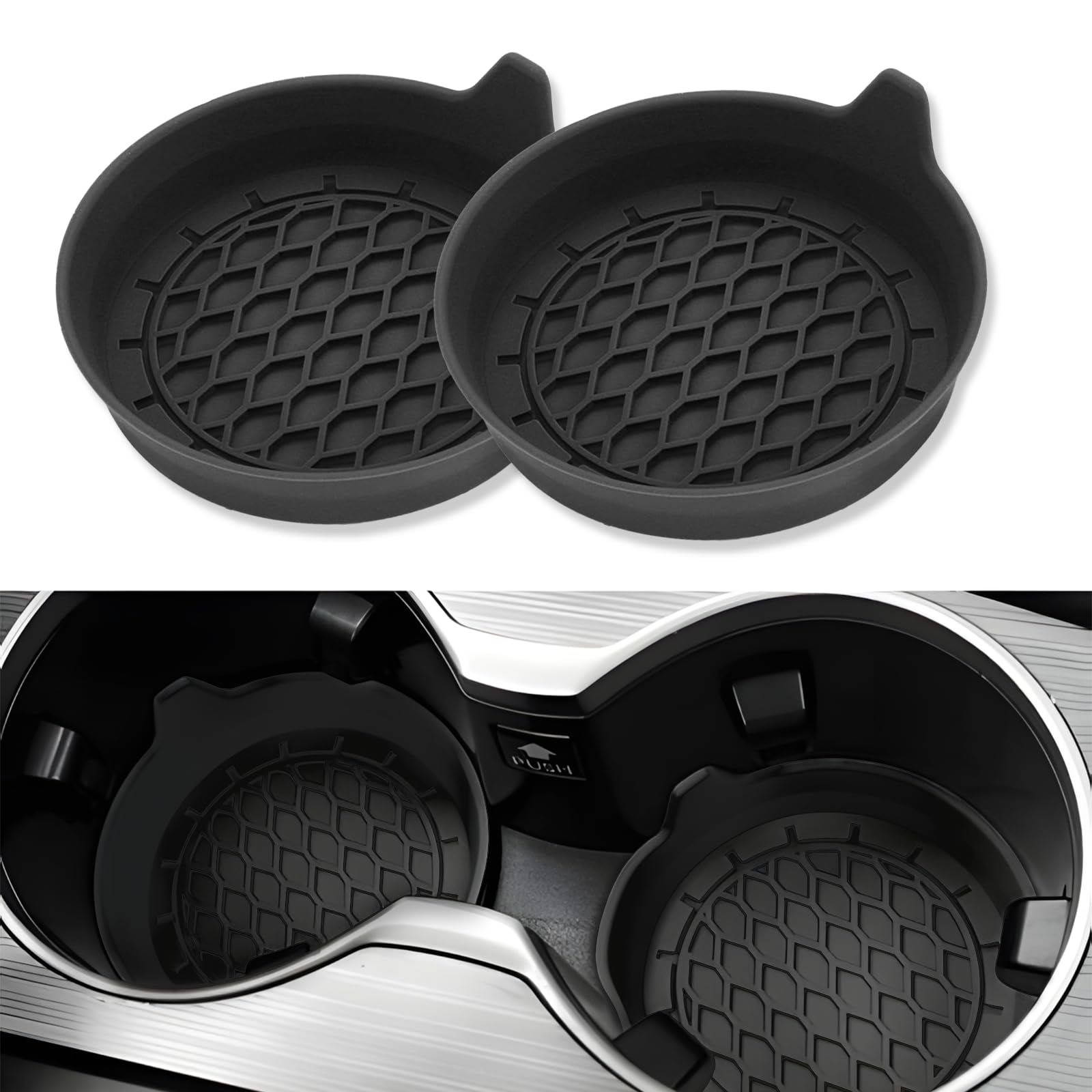 2 Pcs Car Cup Holder Coasters, 3.15in Silicone Non-Slip Car Coasters, Black Universal Vehicle Cup Recessed Mats, Waterproof Non-Slip Sift-Proof Spill Holder Car Interior Accessories