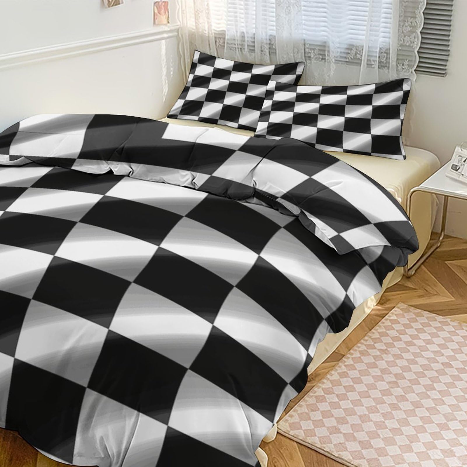 Housse de couette noir et blanc motif drapeau de course pour grand lit