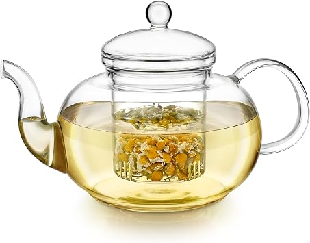 Teabloom Blossoms Glass Teapot Stovetop and Microwave Safe Borosilicate Glass Teapot with Removable Loose Tea Glass Infuser 32 Oz - Tea Purists Choice
