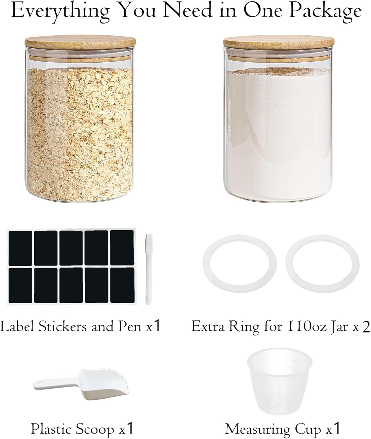 Glass Storage Jars Set Elegant Containers with Airtight Bamboo Lids, Perfect for Kitchen Organization - Flour, Rice, Pasta, Sugar, Coffee Beans, Accessories Included (2 packs(111oz)) - Image 8