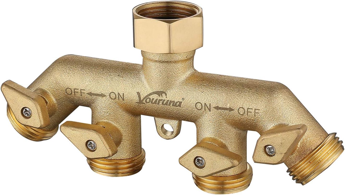 Premium Heavy Duty Brass 4 Way Garden Hose Splitter Improved, NPT3/4" Copper Four Outlet Faucet Diverter Valve, Outdoor Garden Manifold Adapter Connector (4-way)