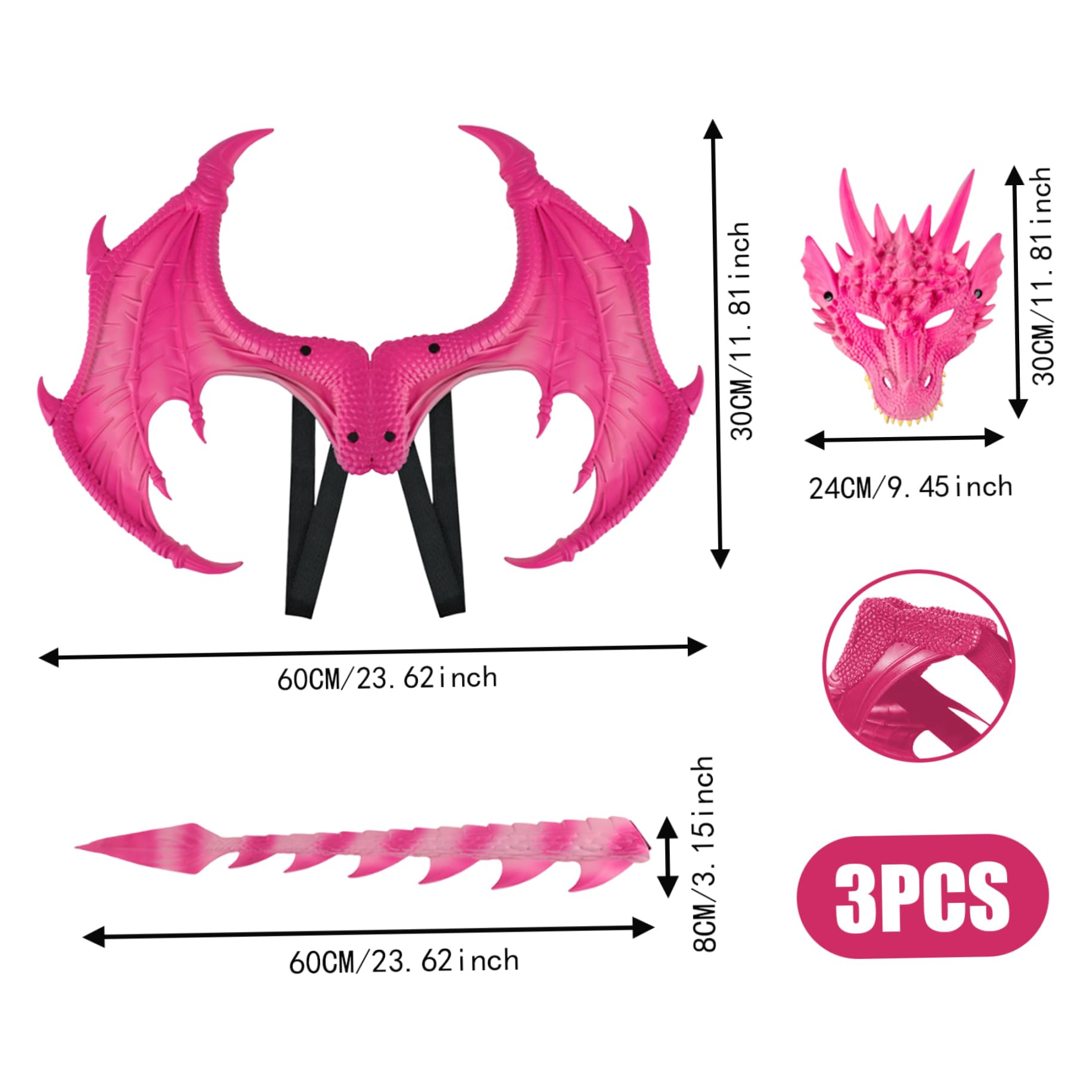 Set drago di Halloween per bambini 3 pezzi Copriviso Coda Costume cosplay Puntelli per foto Rosso, Drago Cosplay