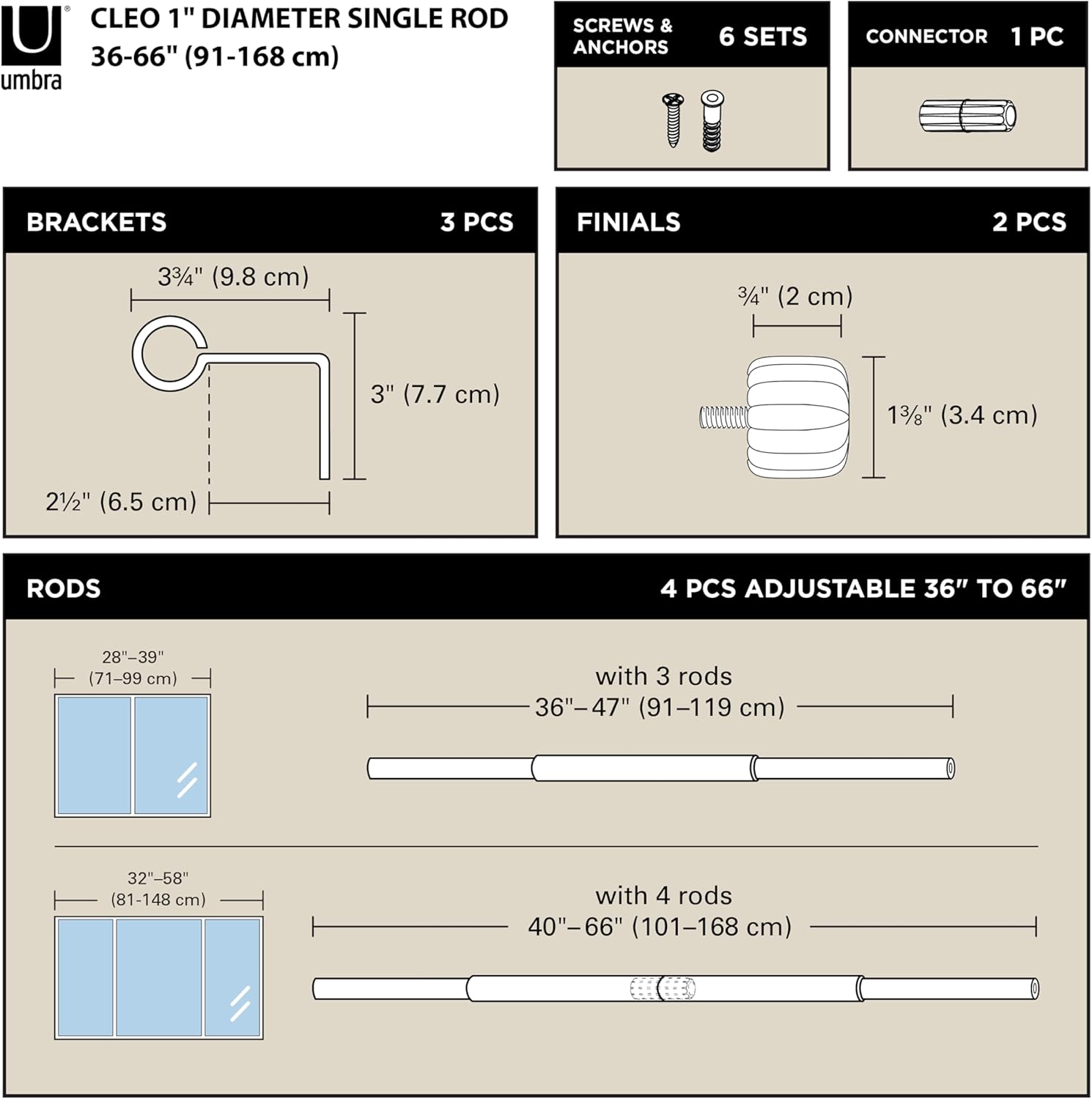 Umbra Cleo Curtain 1" Rod for Window Drapery, Adjustable Length 36" to 66", Set Includes Finials and Mounting Hardware, Matt Black
