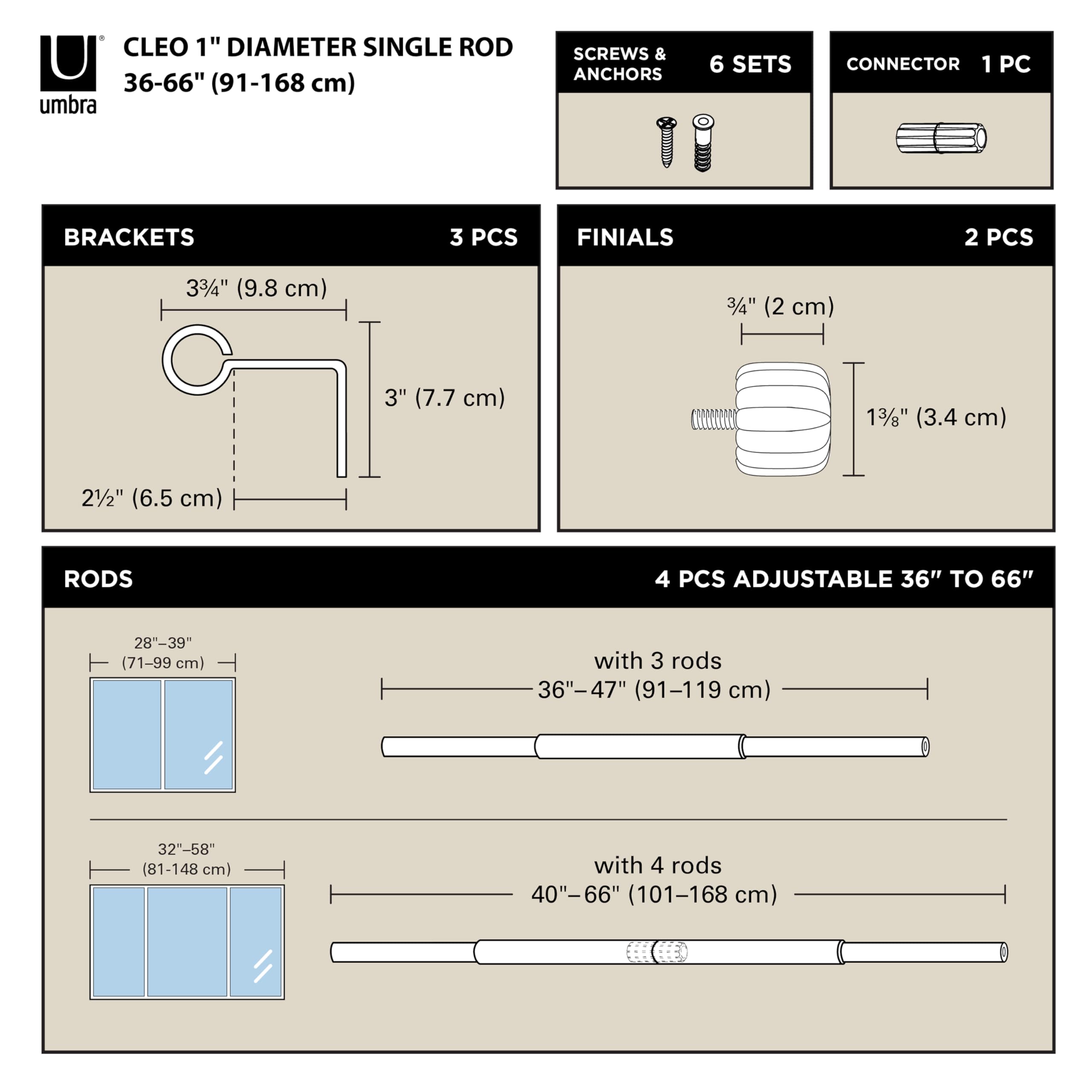Umbra Cleo Curtain 1" Rod for Window Drapery Adjustable Length 36" to 66", Set Includes Finials and Mounting Hardware, Matt Black - Image 3
