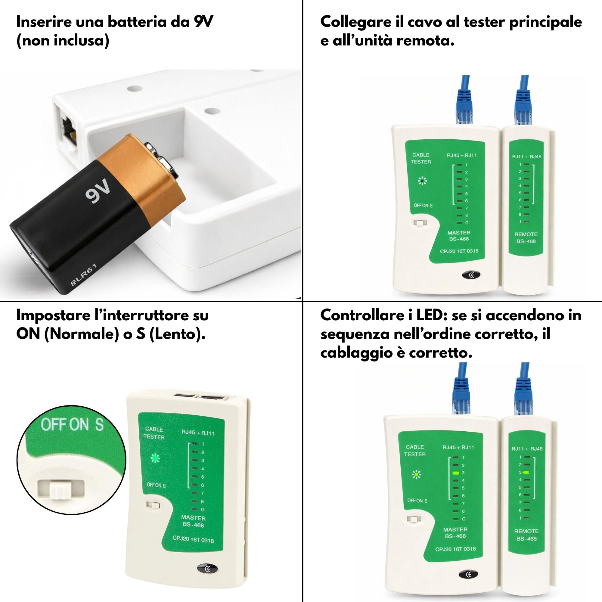 Incutex Tester Cavi di Rete, Ethernet LAN RJ45 RJ11 CAT5 CAT5e CAT6a Linea Tester Professionale, Rilevatore Cavi Wire Tracker, bianco-verde