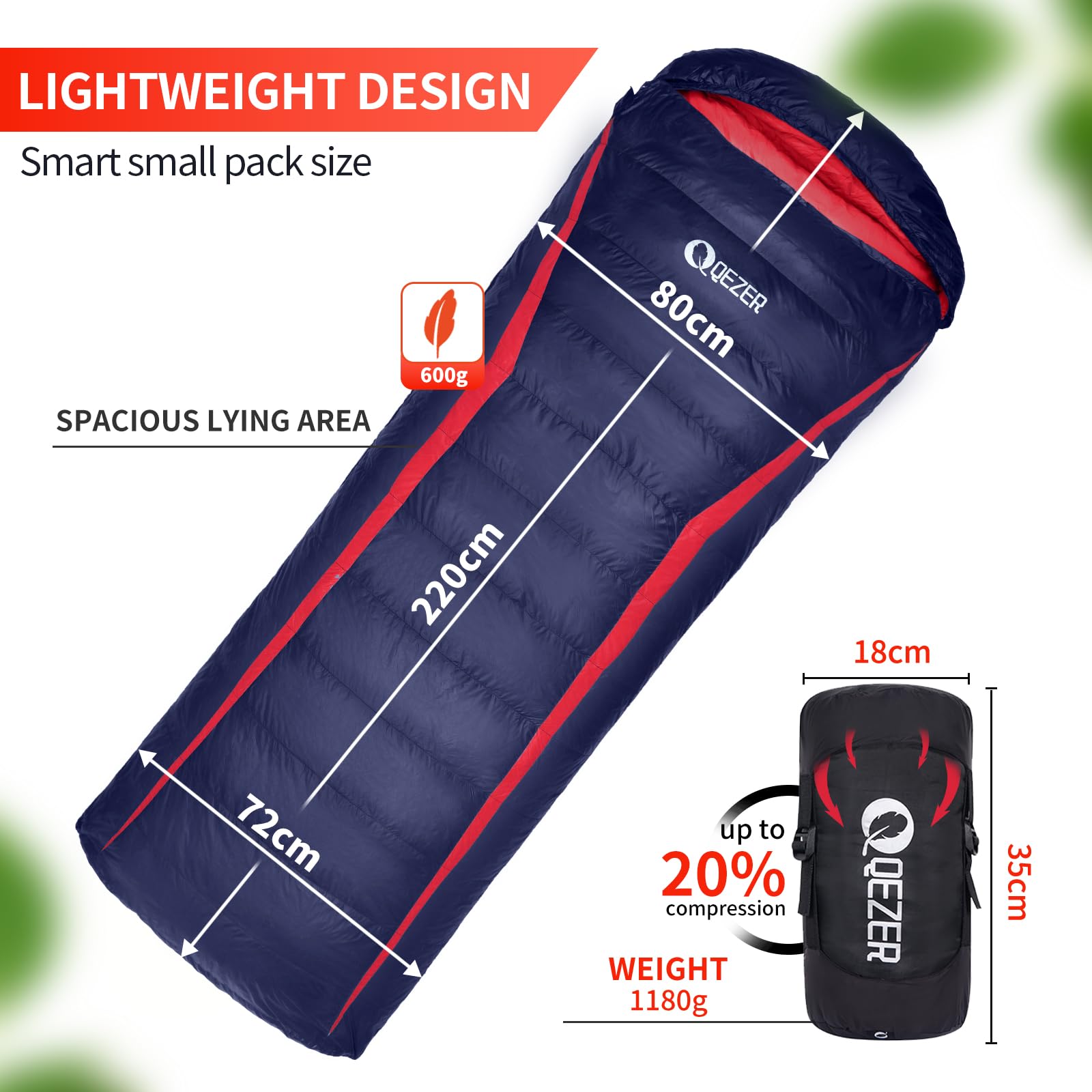 Saco de dormir de plumón, saco de dormir ultraligero de -3 °C a 8 °C para 4 estaciones, camping, mochileros y senderismo, relleno de plumón de pato premium de 600 g