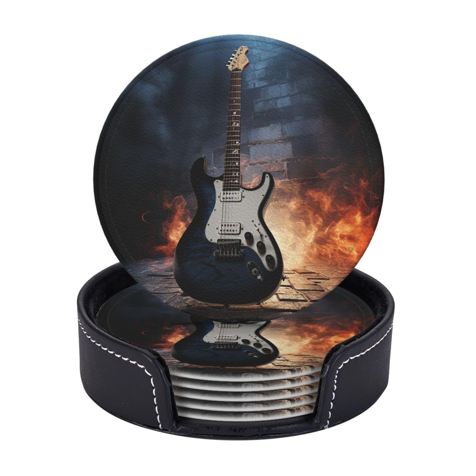 6Pcs PU Leather Coaster for Drinks, Electric Guitar Cup Coasters with Holder, Aesthetic Drink Coasters for Coffee Table, Round Coaster for Tabletop Protection 4" Cup Mat Pad