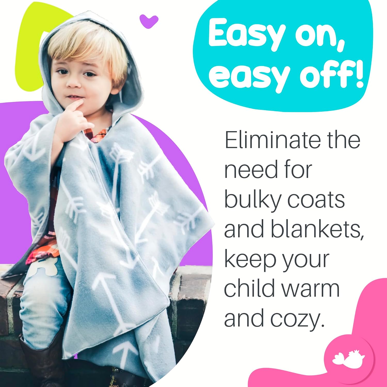 Birdy Boutique Car Seat Poncho for Kids – Safe to Use Over Seat Belts – Reversible Warm and Cozy Blanket – Easy on Easy Off and Doesn’t Impact Car Seat Performance – Gray Arrows – One Size - Image 4