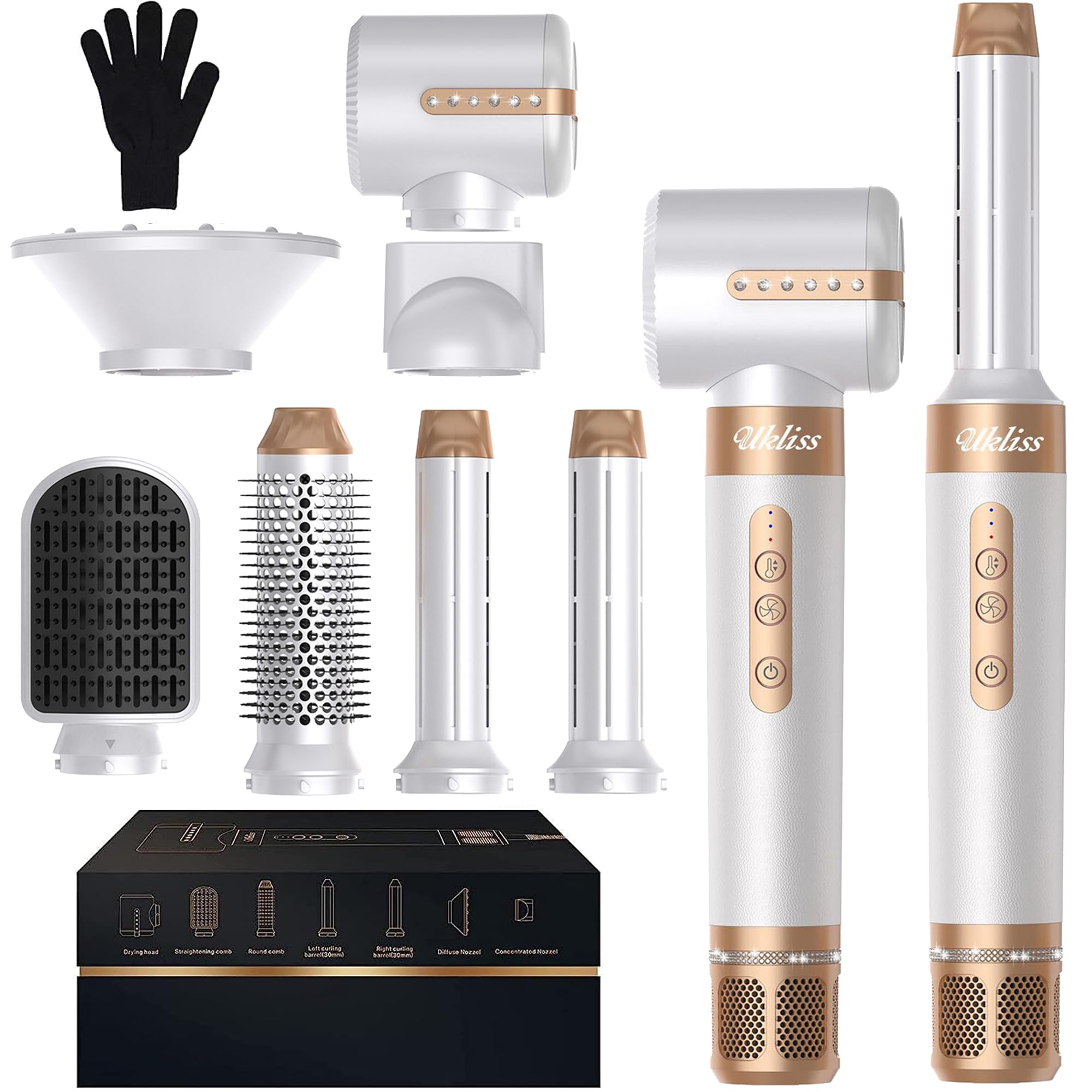 UKLISS Secador Pelo Profesional & Airstyler 7 en 1 con Rizador Pelo Automatico | Cepillo Pelo Redondo | Cepillo Alisador Pelo | Thermal Brush | Airstyler Set Regalos para Mujeres Styling - Blanc