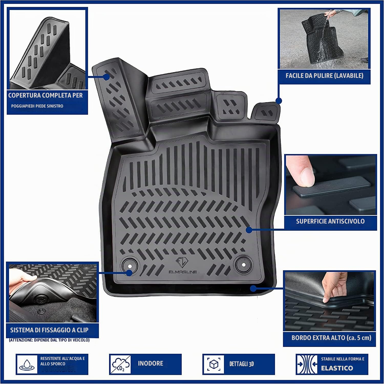 ELMASLINE 3D Tappetini Gomma per VW T-Cross 2018-2026 | Bordo Extra Alto | Tappetini Auto
