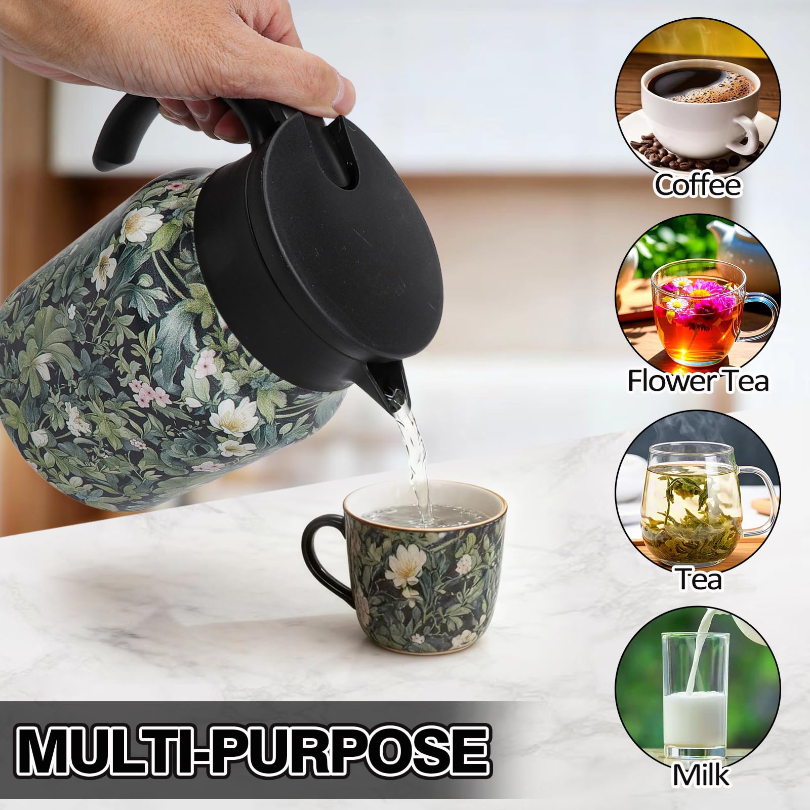 Caraffa Termica con Filtro per Tè, Thermos 1 Litro in Acciaio Inox con Motivo Floreale, Termos Caffè Doppio Strato, Sottovuoto Thermos Caffe, Thermos per Bevande Calde per Tè Latte